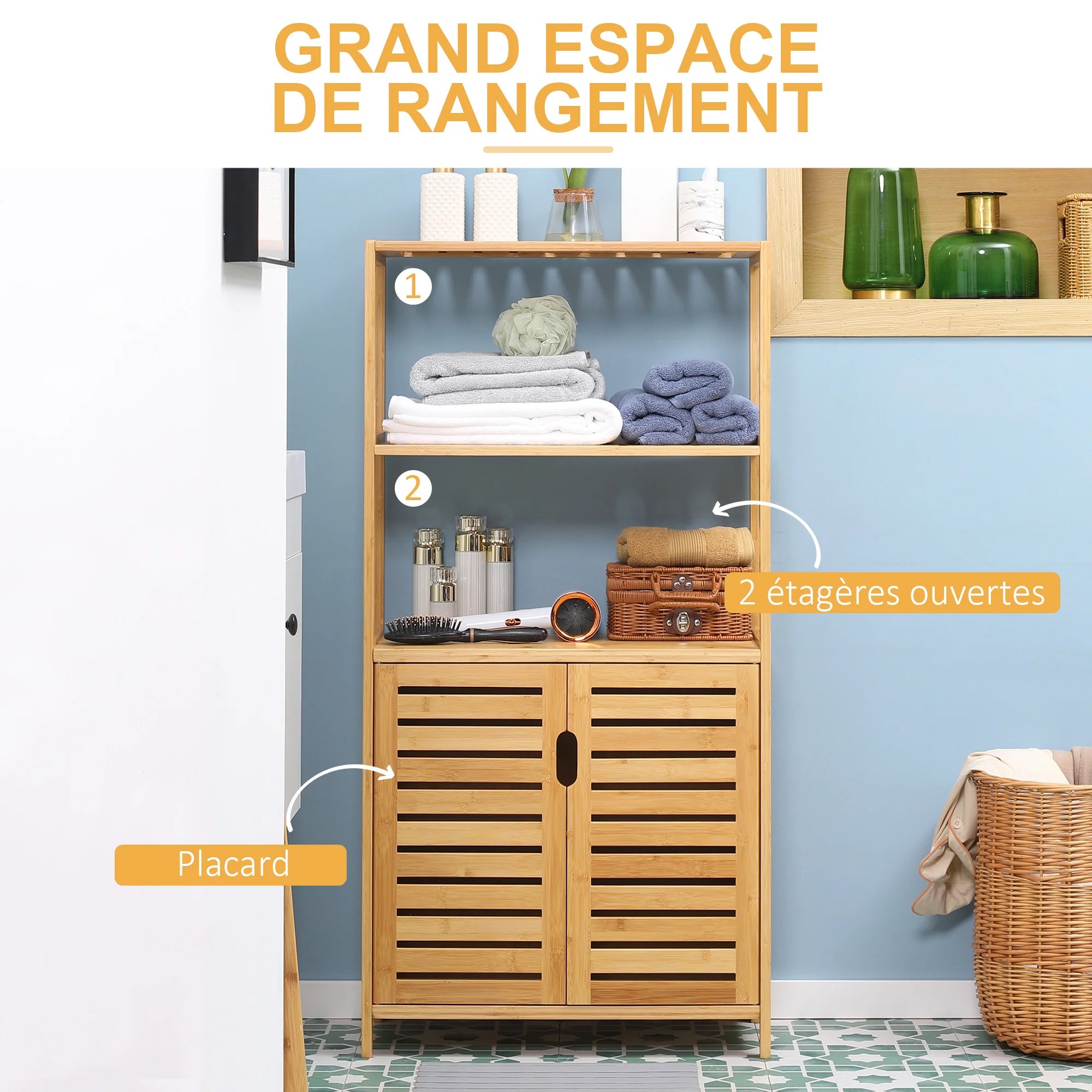Meuble salle de bain en bambou, armoire salle de bain sur pied avec 2 étagères ouvertes et double porte à lattes, meuble de rangement pour salon, chambre, toilette, 60 x 30 x 120 cm, naturel - Image 5