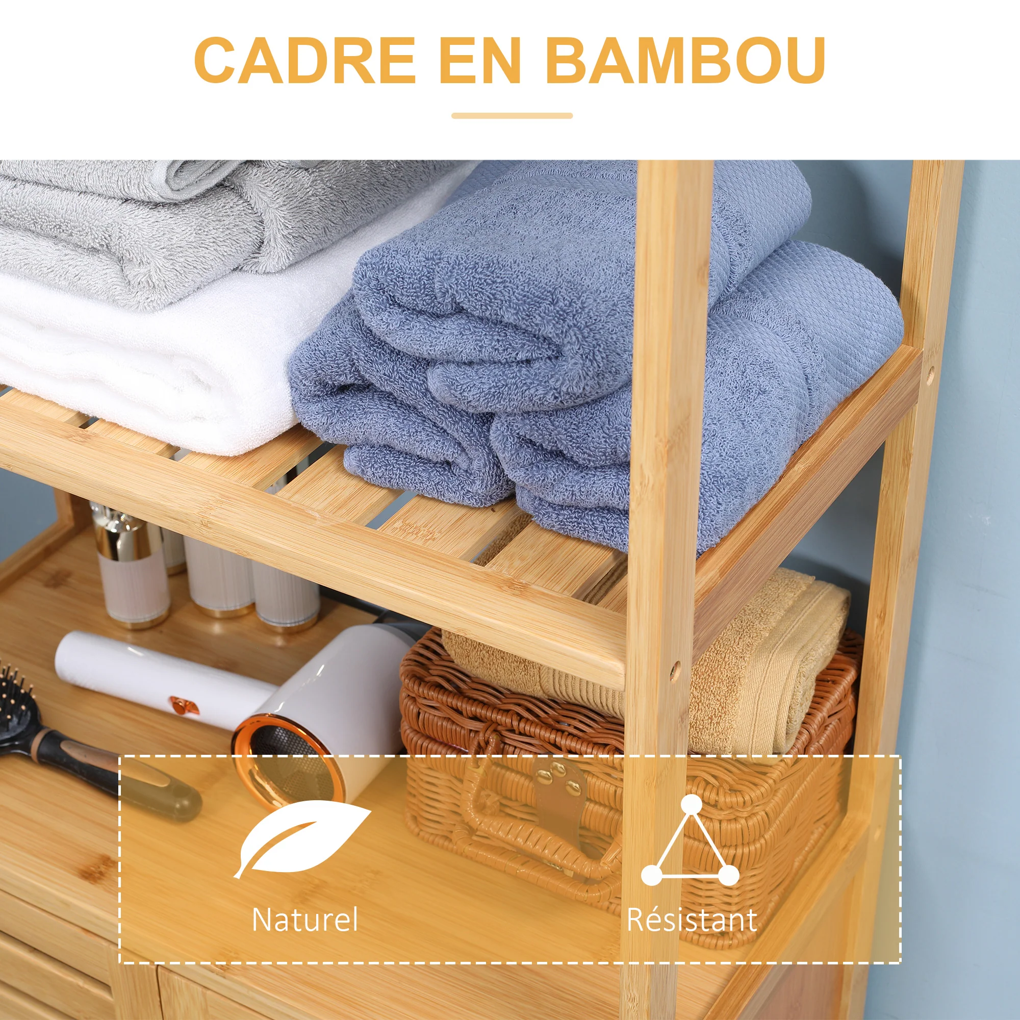 Meuble salle de bain en bambou, armoire salle de bain sur pied avec 2 étagères ouvertes et double porte à lattes, meuble de rangement pour salon, chambre, toilette, 60 x 30 x 120 cm, naturel - Image 6