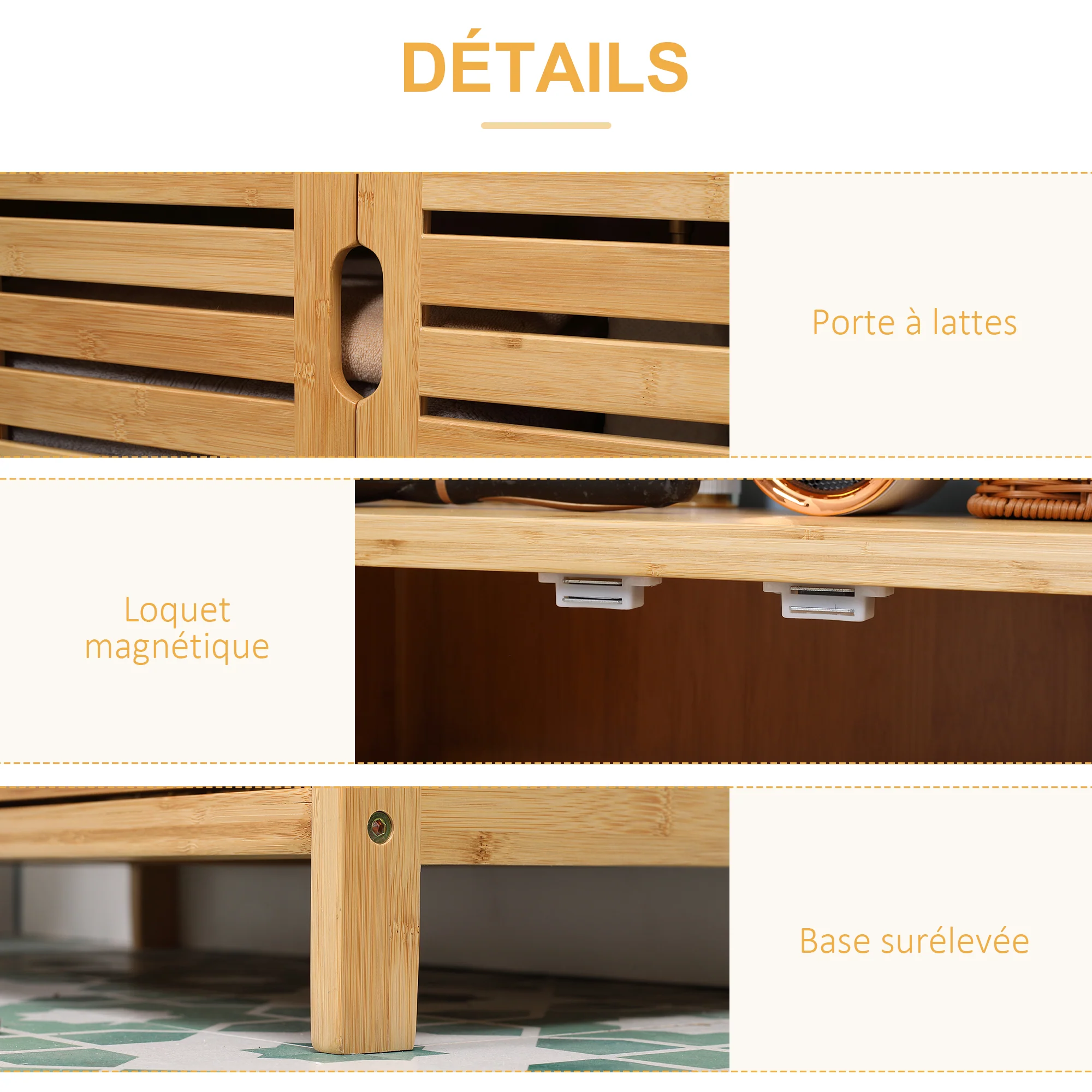 Meuble salle de bain en bambou, armoire salle de bain sur pied avec 2 étagères ouvertes et double porte à lattes, meuble de rangement pour salon, chambre, toilette, 60 x 30 x 120 cm, naturel - Image 7