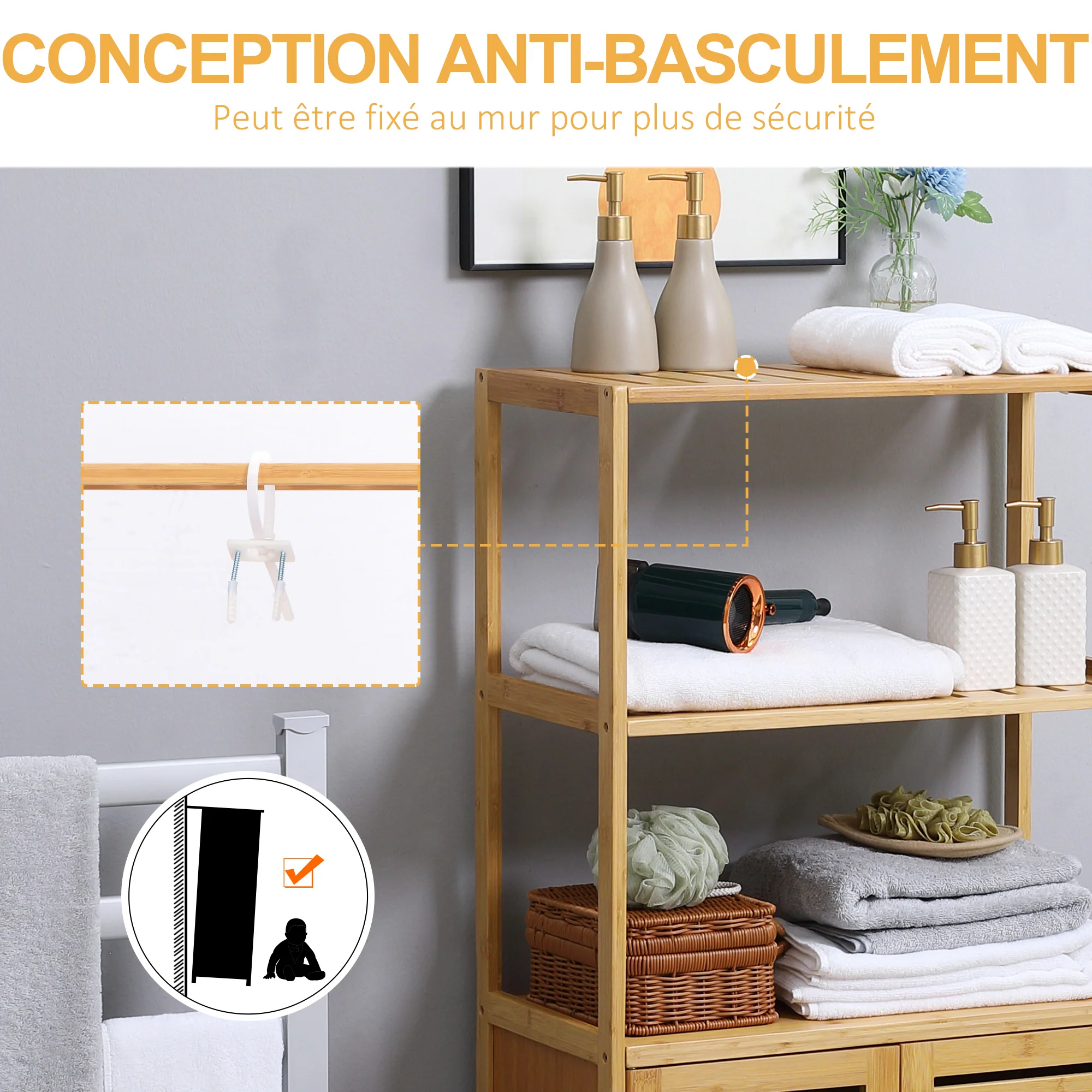 Meuble salle de bain en bambou, armoire salle de bain sur pied avec 2 étagères ouvertes et double porte à lattes, meuble de rangement pour salon, chambre, toilette, 60 x 30 x 120 cm, naturel - Image 8