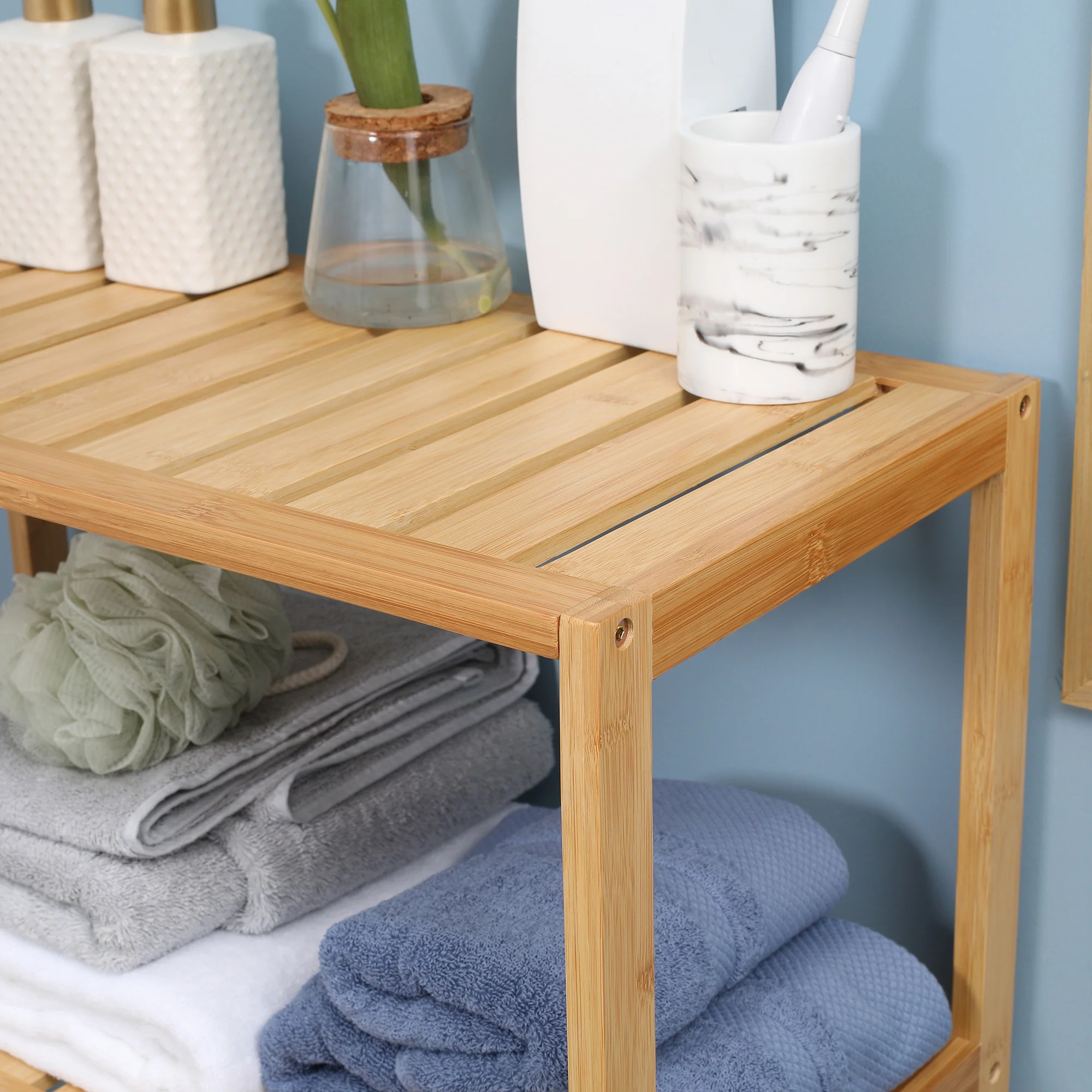Meuble salle de bain en bambou, armoire salle de bain sur pied avec 2 étagères ouvertes et double porte à lattes, meuble de rangement pour salon, chambre, toilette, 60 x 30 x 120 cm, naturel - Image 9