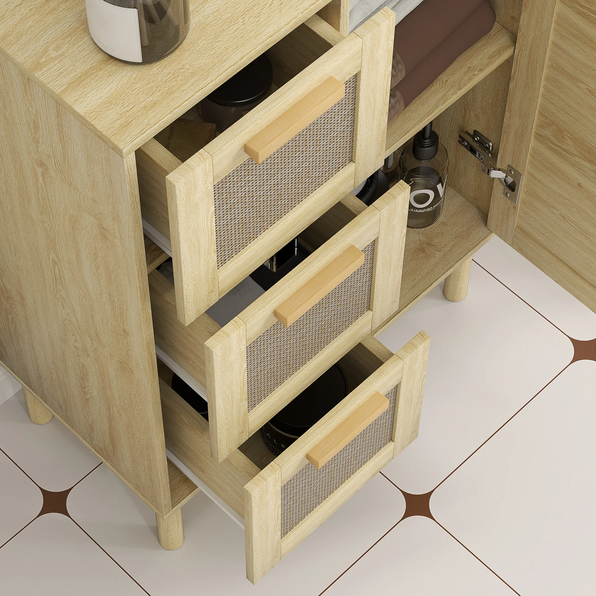 Meuble salle de bain rangement, meuble de rangement style bohème avec tiroir et placard, étagères réglables, porte à rotin, armoire pour salle de bain, salon, cuisine - 55 x 30 x 82 cm, chêne - Image 10