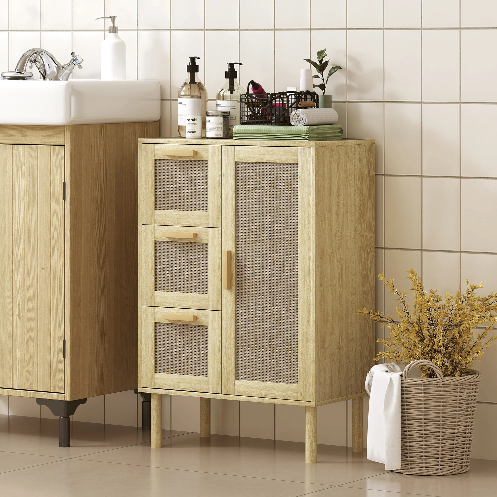 Meuble salle de bain rangement, meuble de rangement style bohème avec tiroir et placard, étagères réglables, porte à rotin, armoire pour salle de bain, salon, cuisine - 55 x 30 x 82 cm, chêne - Image 3