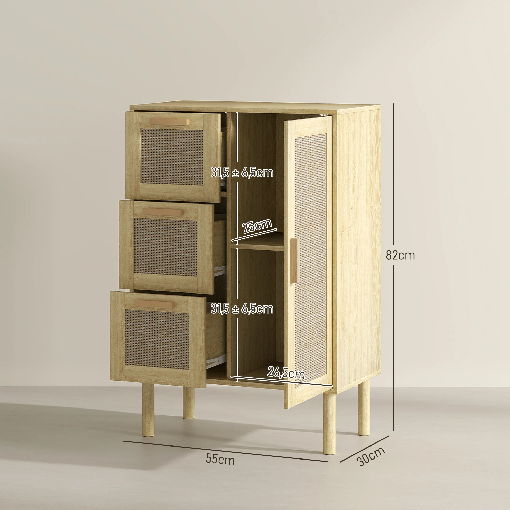 Meuble salle de bain rangement, meuble de rangement style bohème avec tiroir et placard, étagères réglables, porte à rotin, armoire pour salle de bain, salon, cuisine - 55 x 30 x 82 cm, chêne - Image 4