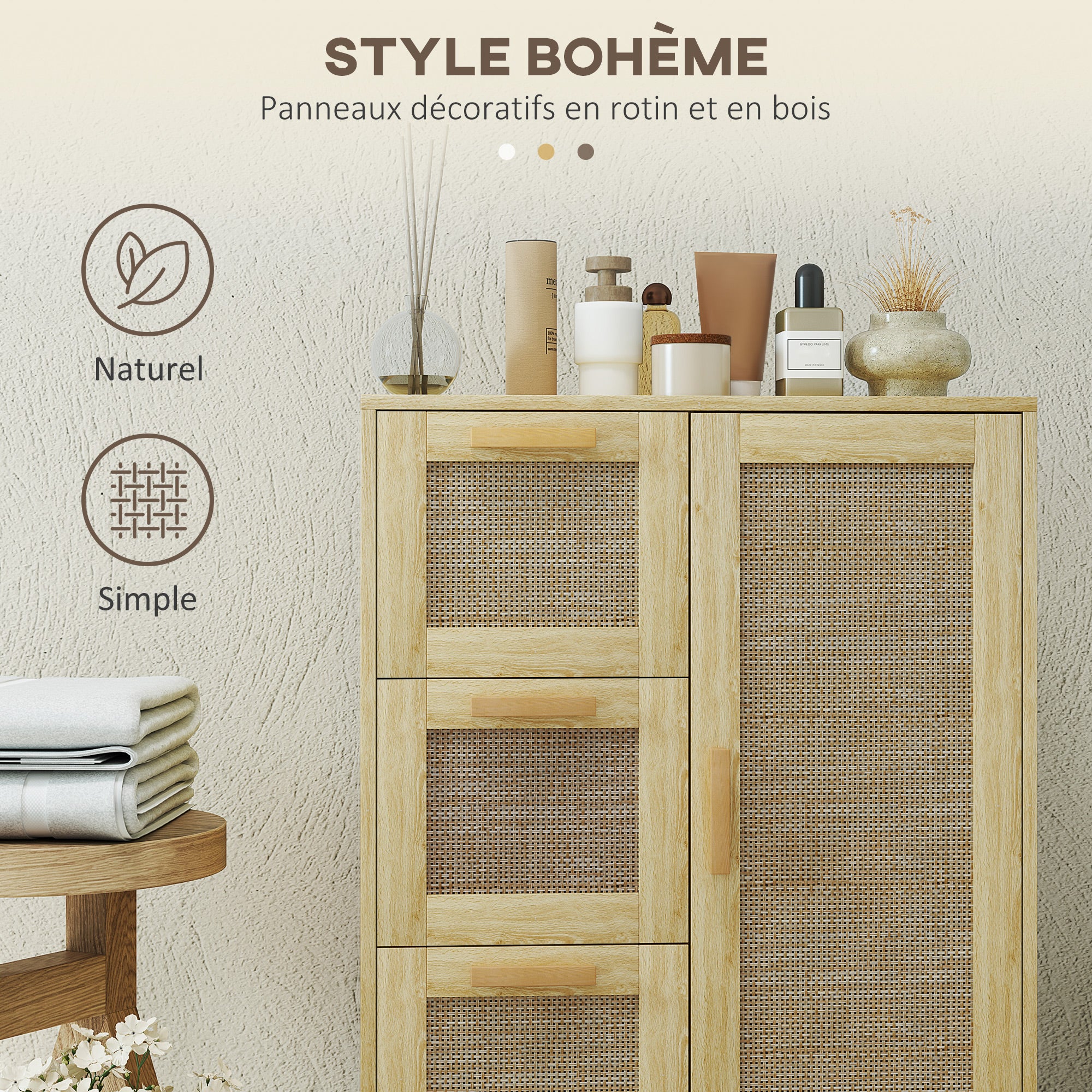 Meuble salle de bain rangement, meuble de rangement style bohème avec tiroir et placard, étagères réglables, porte à rotin, armoire pour salle de bain, salon, cuisine - 55 x 30 x 82 cm, chêne - Image 5