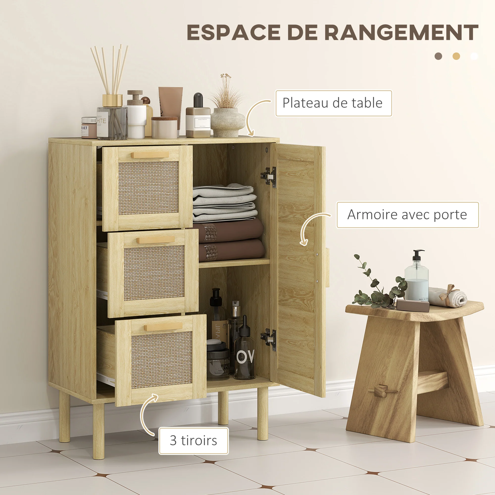 Meuble salle de bain rangement, meuble de rangement style bohème avec tiroir et placard, étagères réglables, porte à rotin, armoire pour salle de bain, salon, cuisine - 55 x 30 x 82 cm, chêne - Image 6