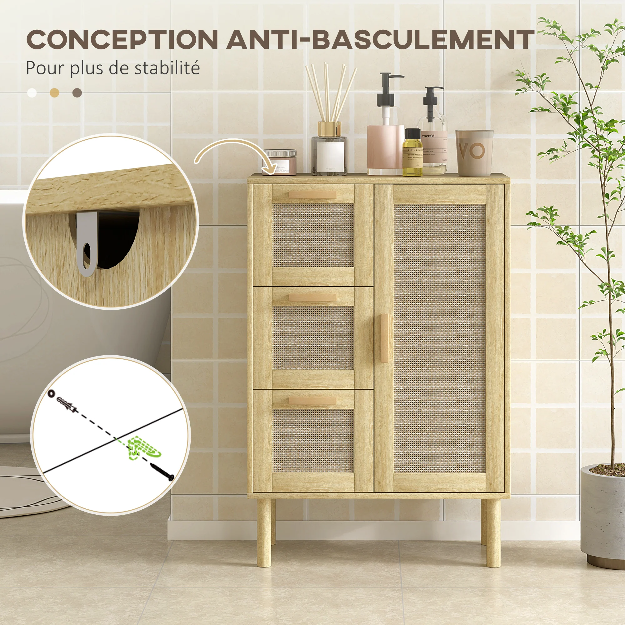 Meuble salle de bain rangement, meuble de rangement style bohème avec tiroir et placard, étagères réglables, porte à rotin, armoire pour salle de bain, salon, cuisine - 55 x 30 x 82 cm, chêne - Image 8