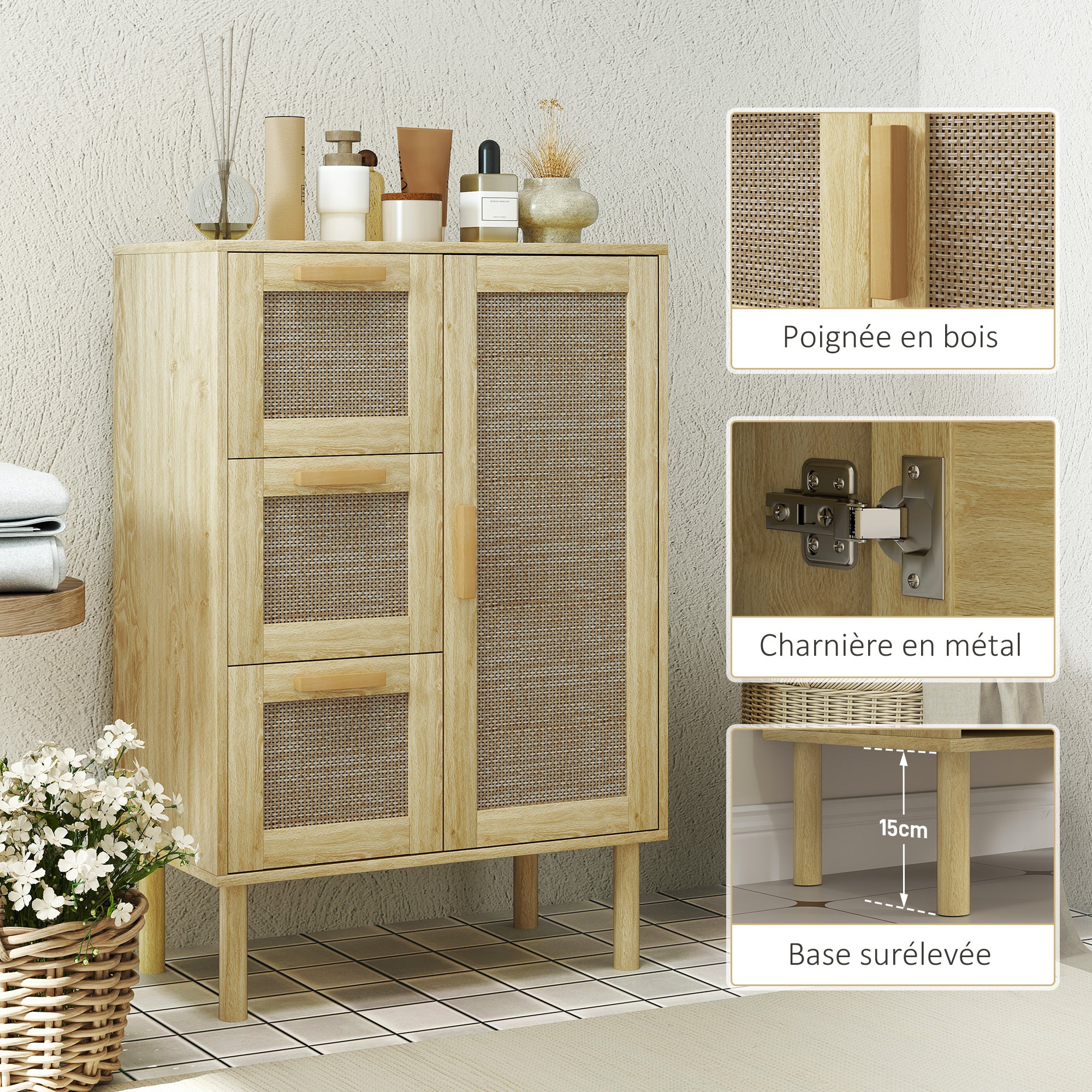 Meuble salle de bain rangement, meuble de rangement style bohème avec tiroir et placard, étagères réglables, porte à rotin, armoire pour salle de bain, salon, cuisine - 55 x 30 x 82 cm, chêne - Image 9