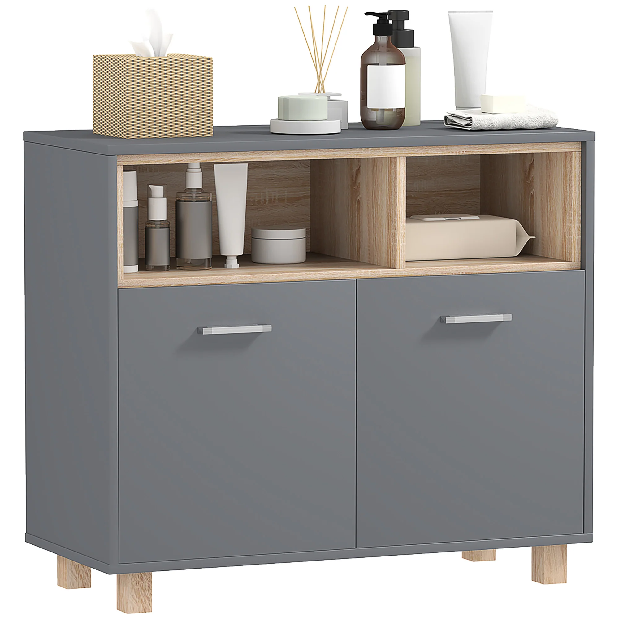 Meuble salle de bain rangement, meuble de rangement style moderne avec compartiments ouverts et portes doubles, armoire pour salle de bain, salon, cuisine - 80l x 35P x 70H cm, gris - Image 11