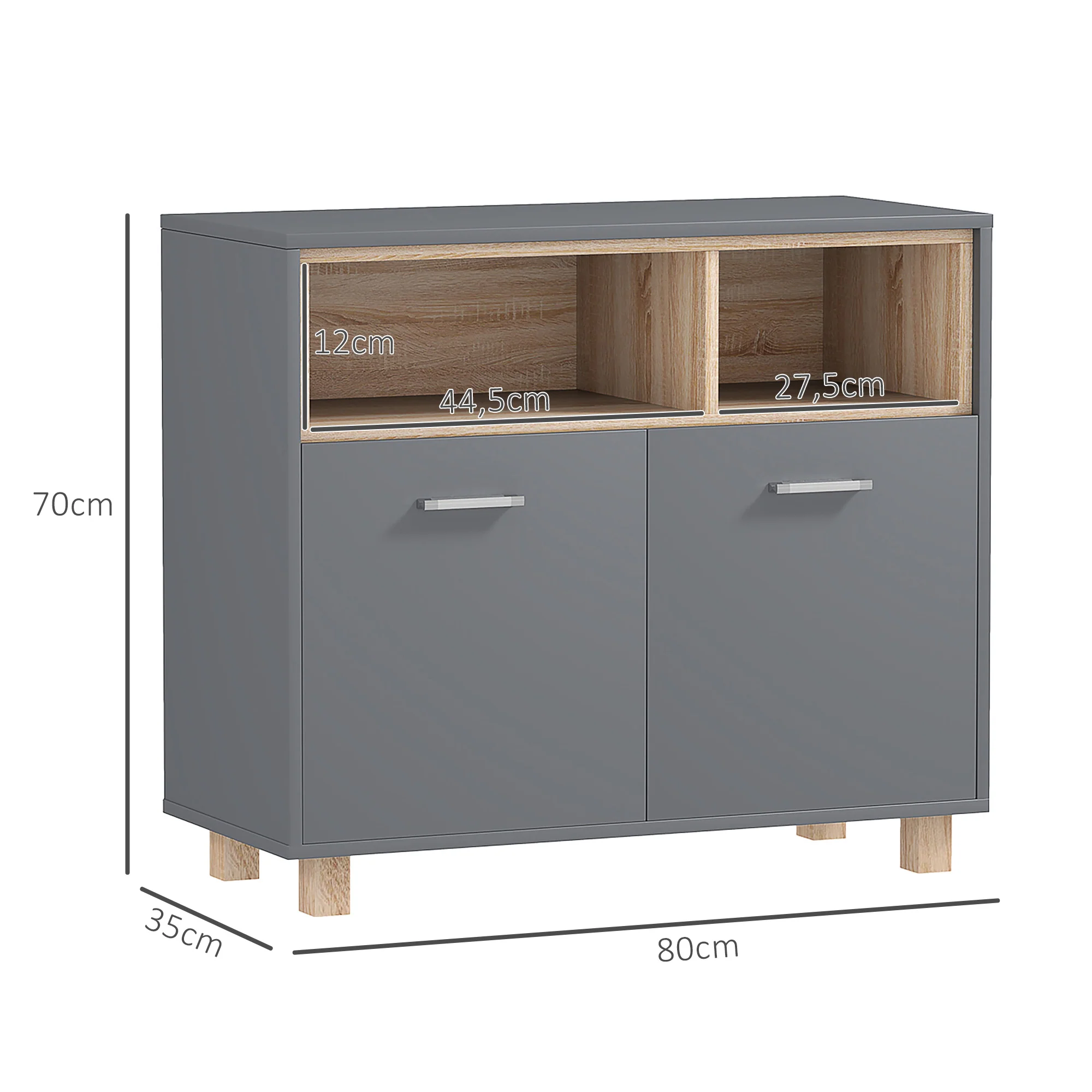 Meuble salle de bain rangement, meuble de rangement style moderne avec compartiments ouverts et portes doubles, armoire pour salle de bain, salon, cuisine - 80l x 35P x 70H cm, gris - Image 4