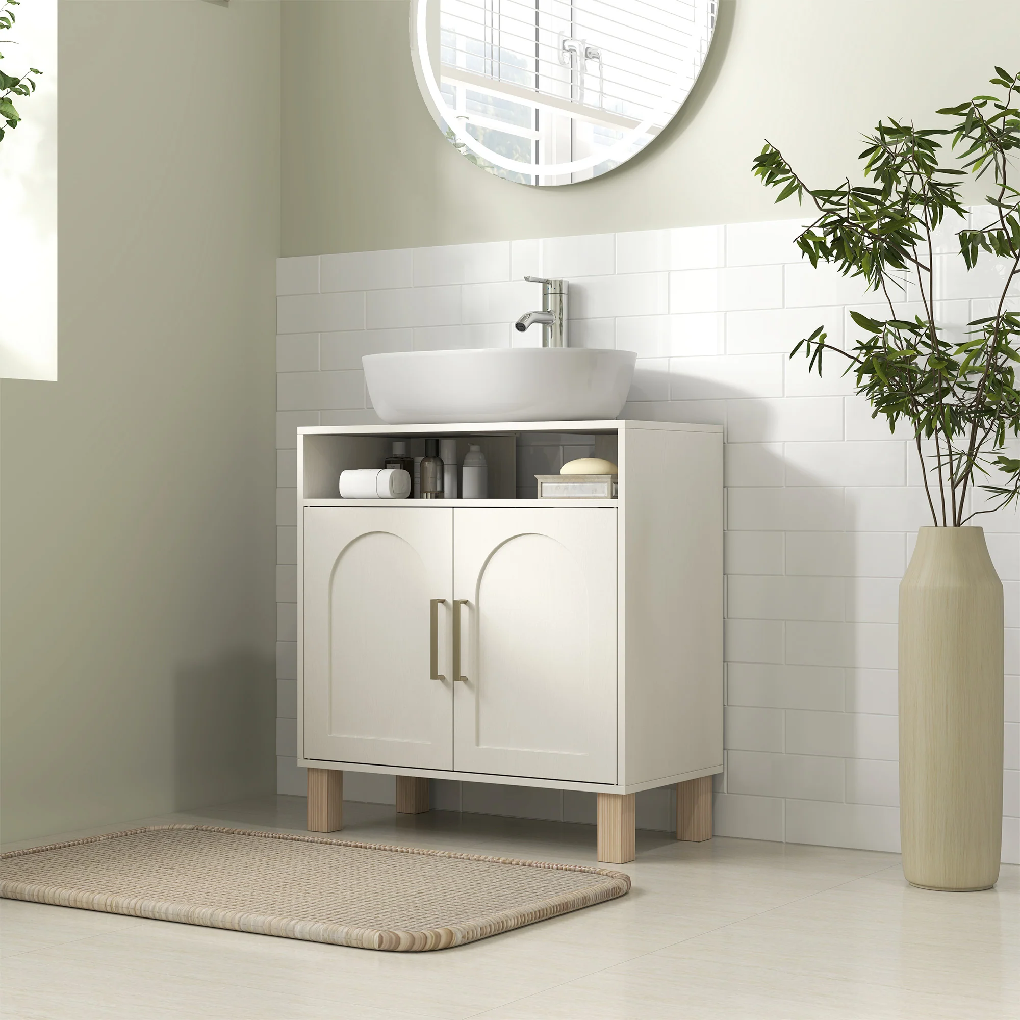 Meuble salle de bain sous lavabo, meuble sous lavabo, étagère ouverte placard 2 portes magnétiques avec étagère réglable, 60 x 30 x 63 cm, blanc - Image 3