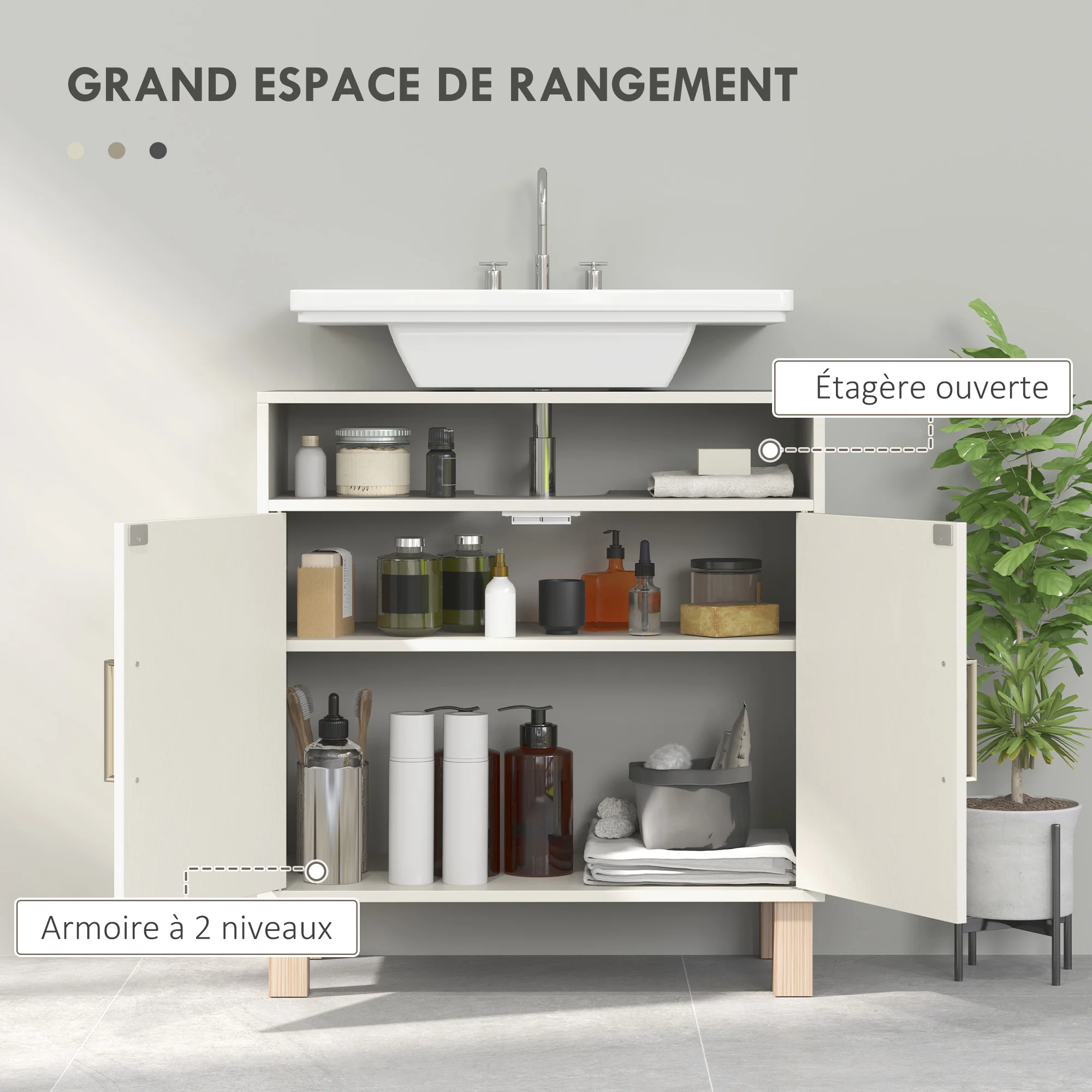 Meuble salle de bain sous lavabo, meuble sous lavabo, étagère ouverte placard 2 portes magnétiques avec étagère réglable, 60 x 30 x 63 cm, blanc - Image 6