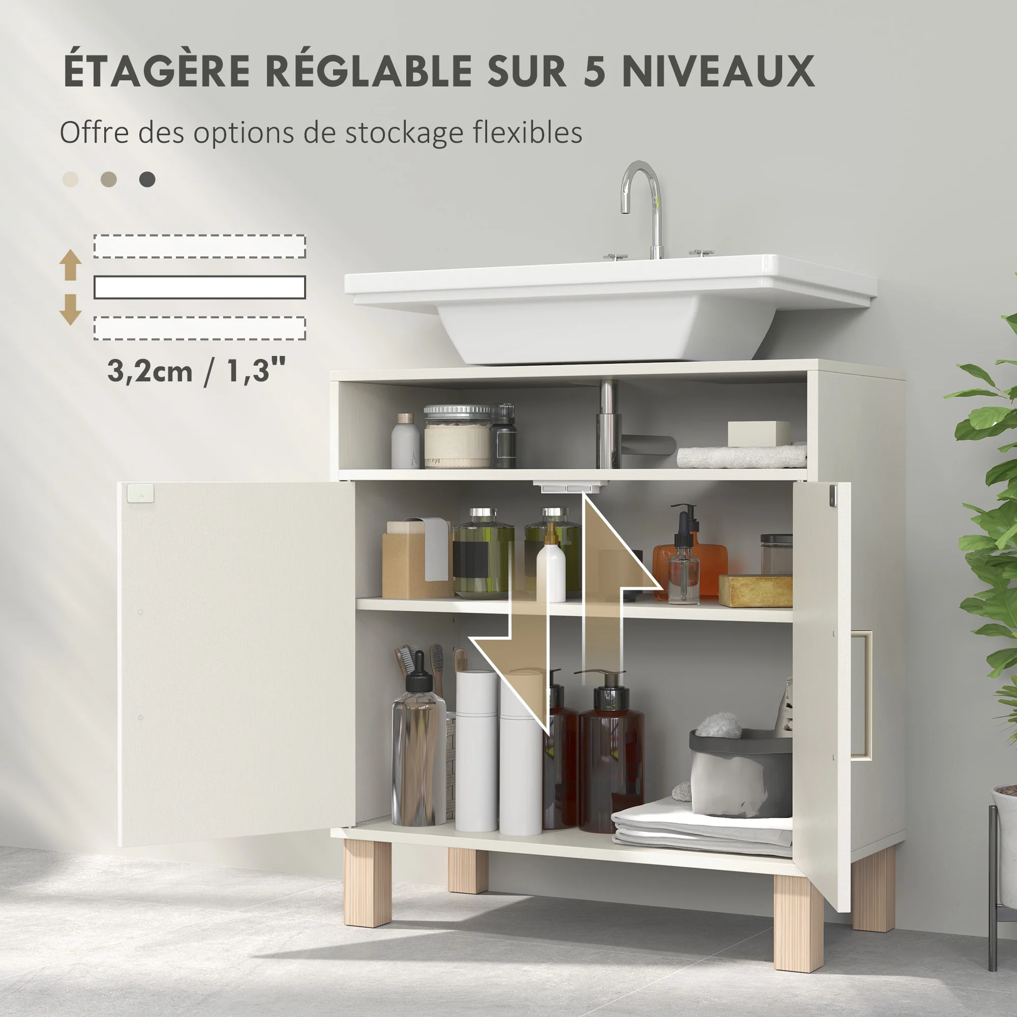 Meuble salle de bain sous lavabo, meuble sous lavabo, étagère ouverte placard 2 portes magnétiques avec étagère réglable, 60 x 30 x 63 cm, blanc - Image 7