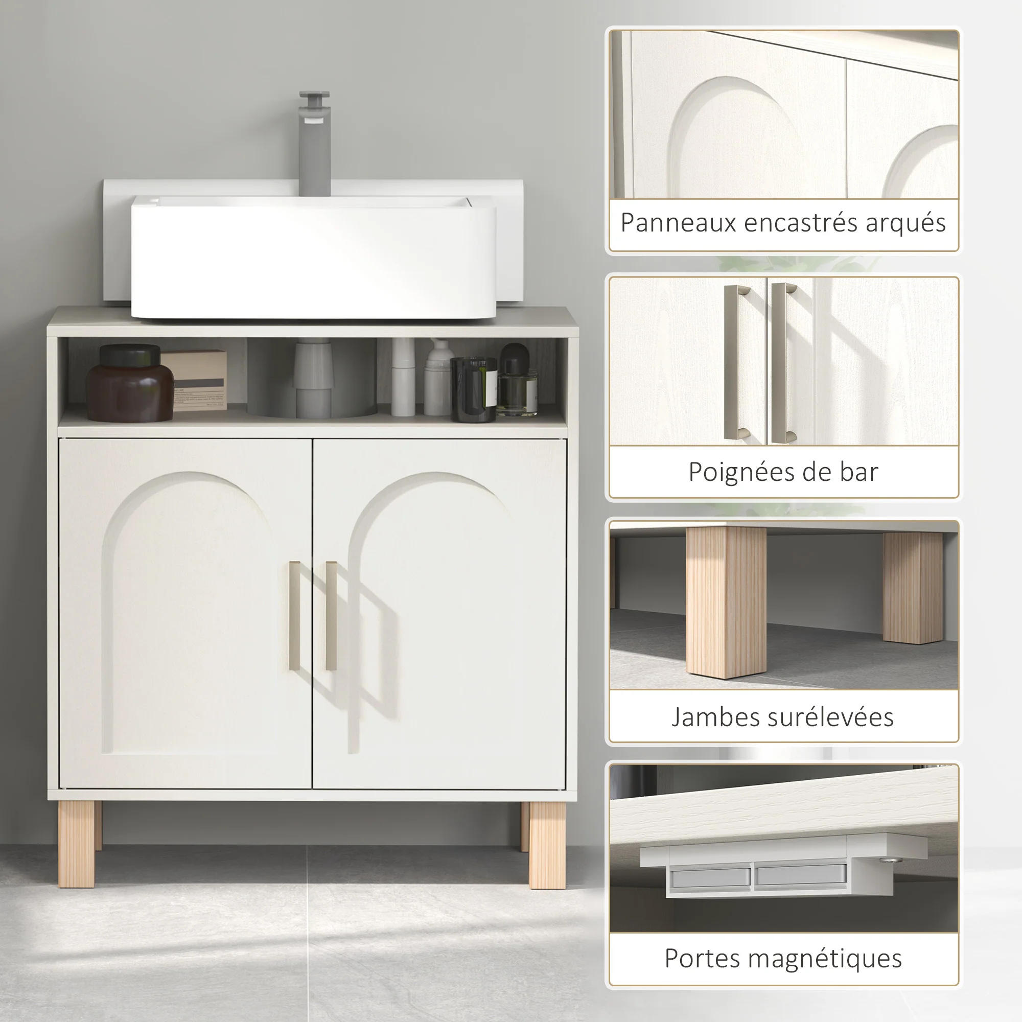 Meuble salle de bain sous lavabo, meuble sous lavabo, étagère ouverte placard 2 portes magnétiques avec étagère réglable, 60 x 30 x 63 cm, blanc - Image 8