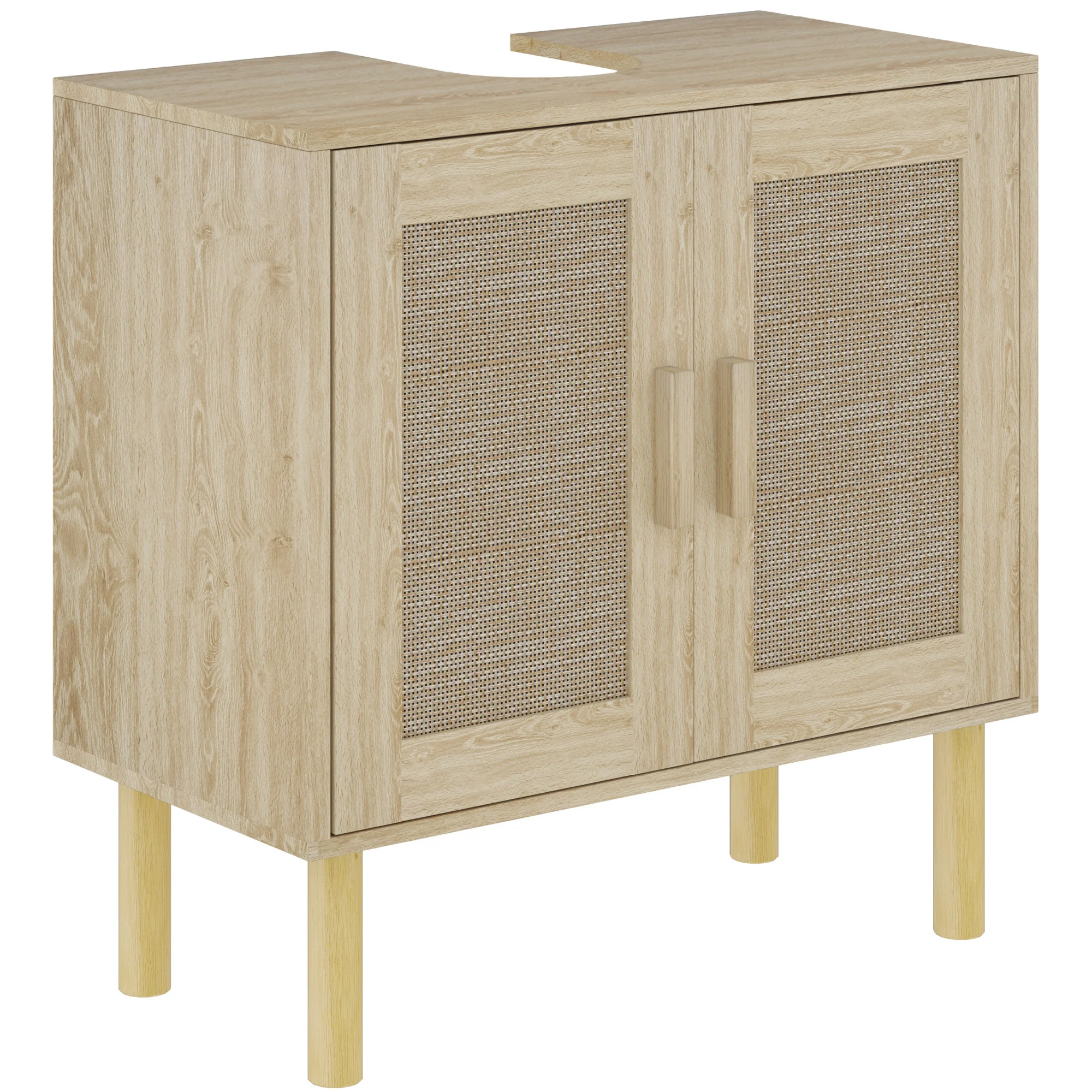 Meuble salle de bain sous lavabo, meuble sous lavabo, portes en rotin, style bohème, pieds en bois de pin, 2 niveaux, 60 x 30 x 60 cm, chêne - Image 11