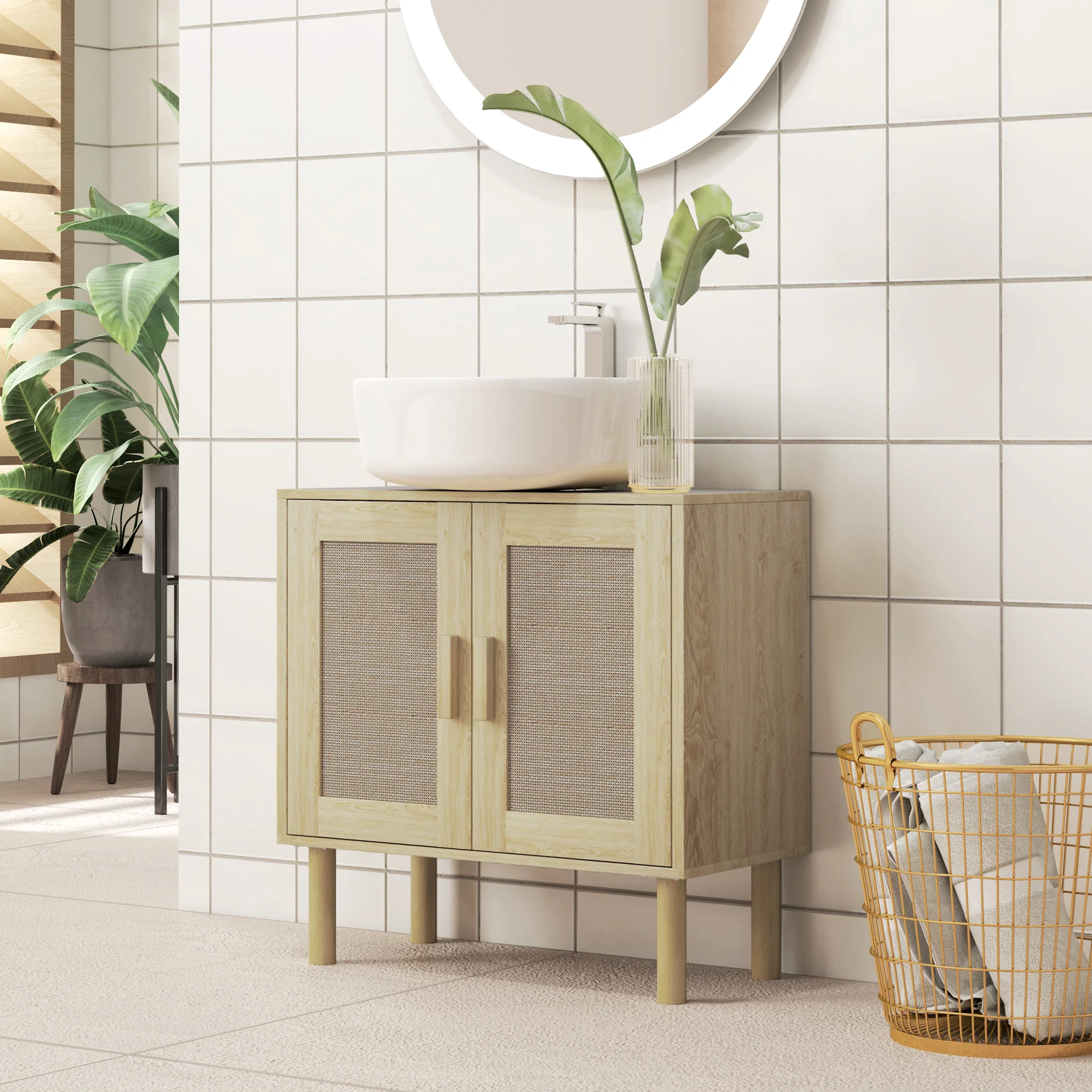 Meuble salle de bain sous lavabo, meuble sous lavabo, portes en rotin, style bohème, pieds en bois de pin, 2 niveaux, 60 x 30 x 60 cm, chêne - Image 3