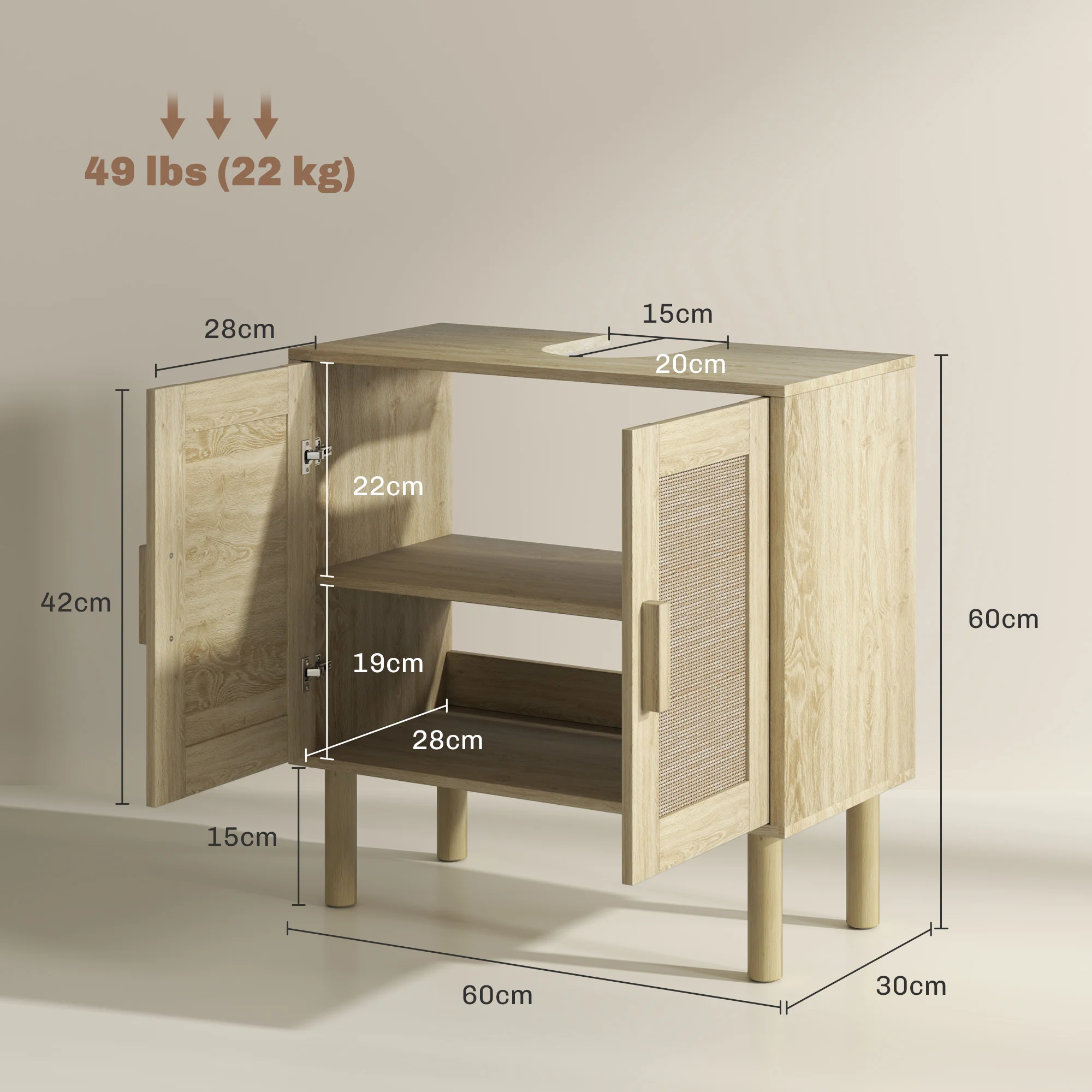 Meuble salle de bain sous lavabo, meuble sous lavabo, portes en rotin, style bohème, pieds en bois de pin, 2 niveaux, 60 x 30 x 60 cm, chêne - Image 4