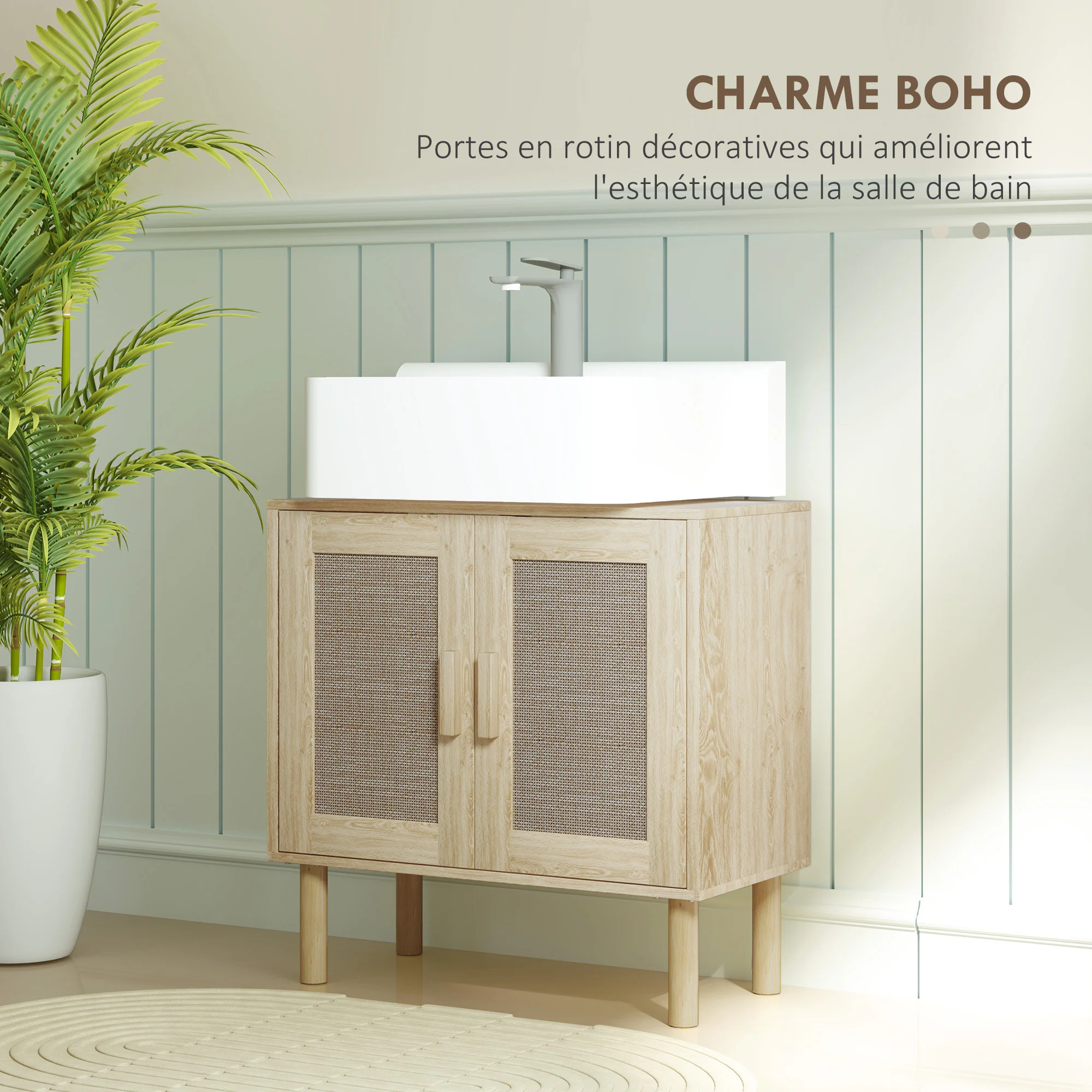 Meuble salle de bain sous lavabo, meuble sous lavabo, portes en rotin, style bohème, pieds en bois de pin, 2 niveaux, 60 x 30 x 60 cm, chêne - Image 6