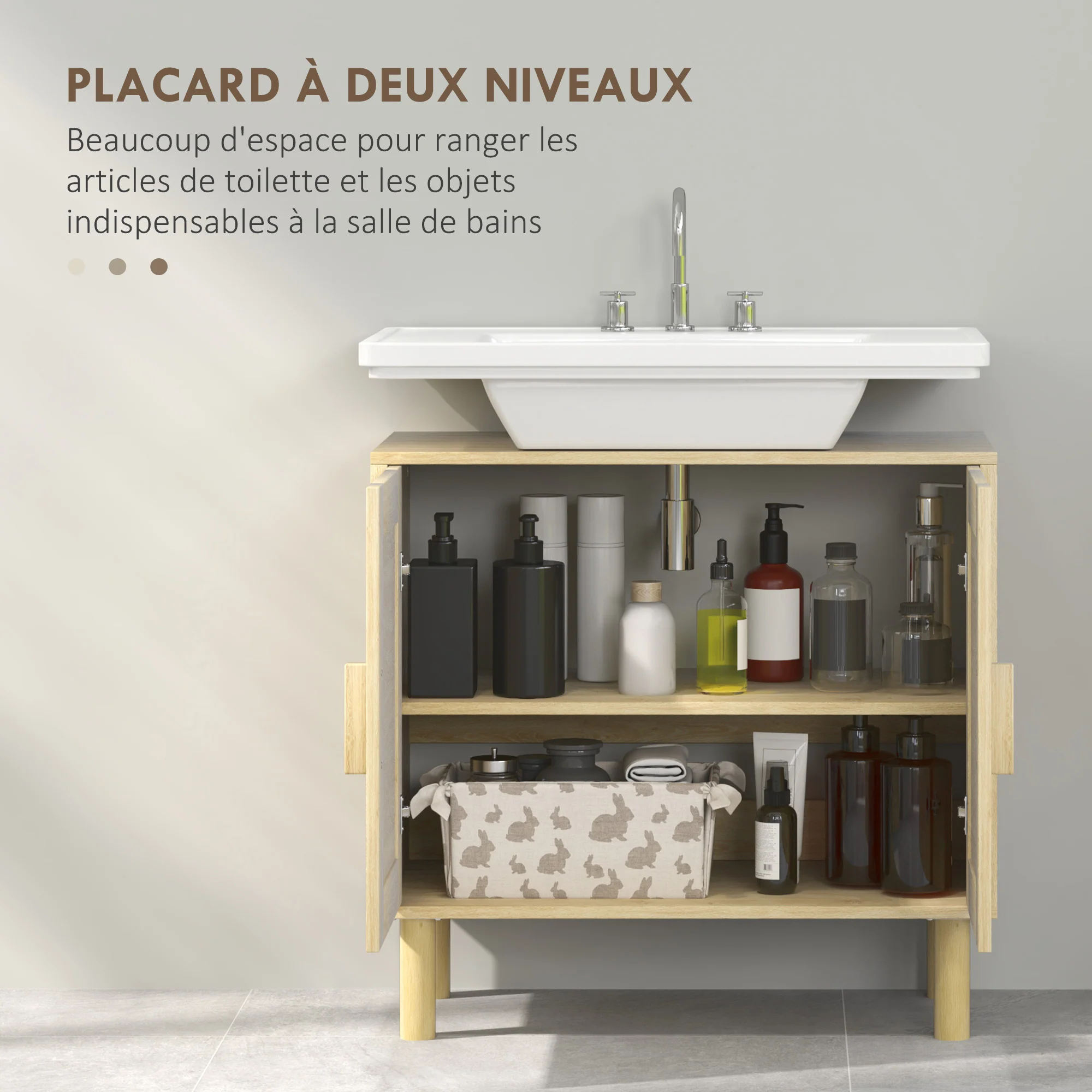 Meuble salle de bain sous lavabo, meuble sous lavabo, portes en rotin, style bohème, pieds en bois de pin, 2 niveaux, 60 x 30 x 60 cm, chêne - Image 7