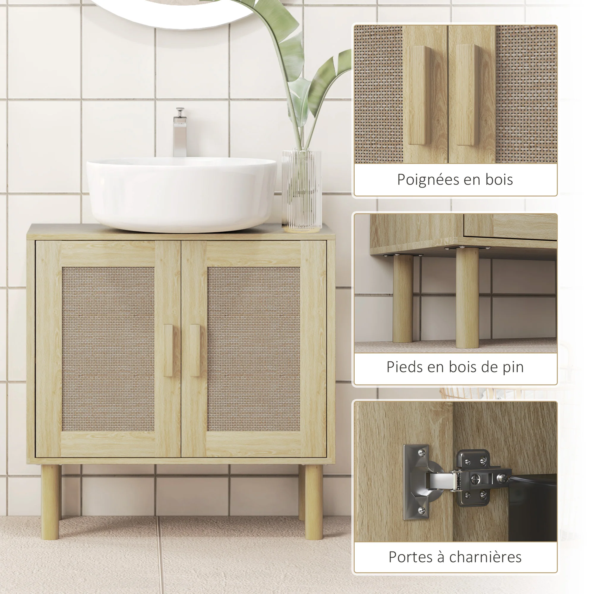 Meuble salle de bain sous lavabo, meuble sous lavabo, portes en rotin, style bohème, pieds en bois de pin, 2 niveaux, 60 x 30 x 60 cm, chêne - Image 8