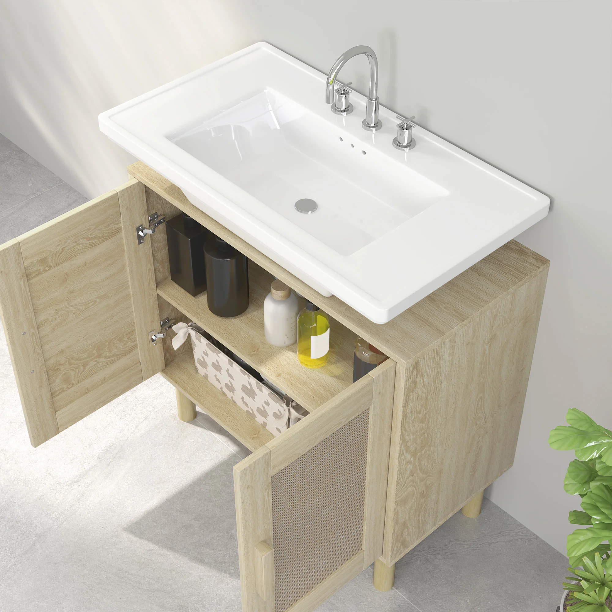 Meuble salle de bain sous lavabo, meuble sous lavabo, portes en rotin, style bohème, pieds en bois de pin, 2 niveaux, 60 x 30 x 60 cm, chêne - Image 9