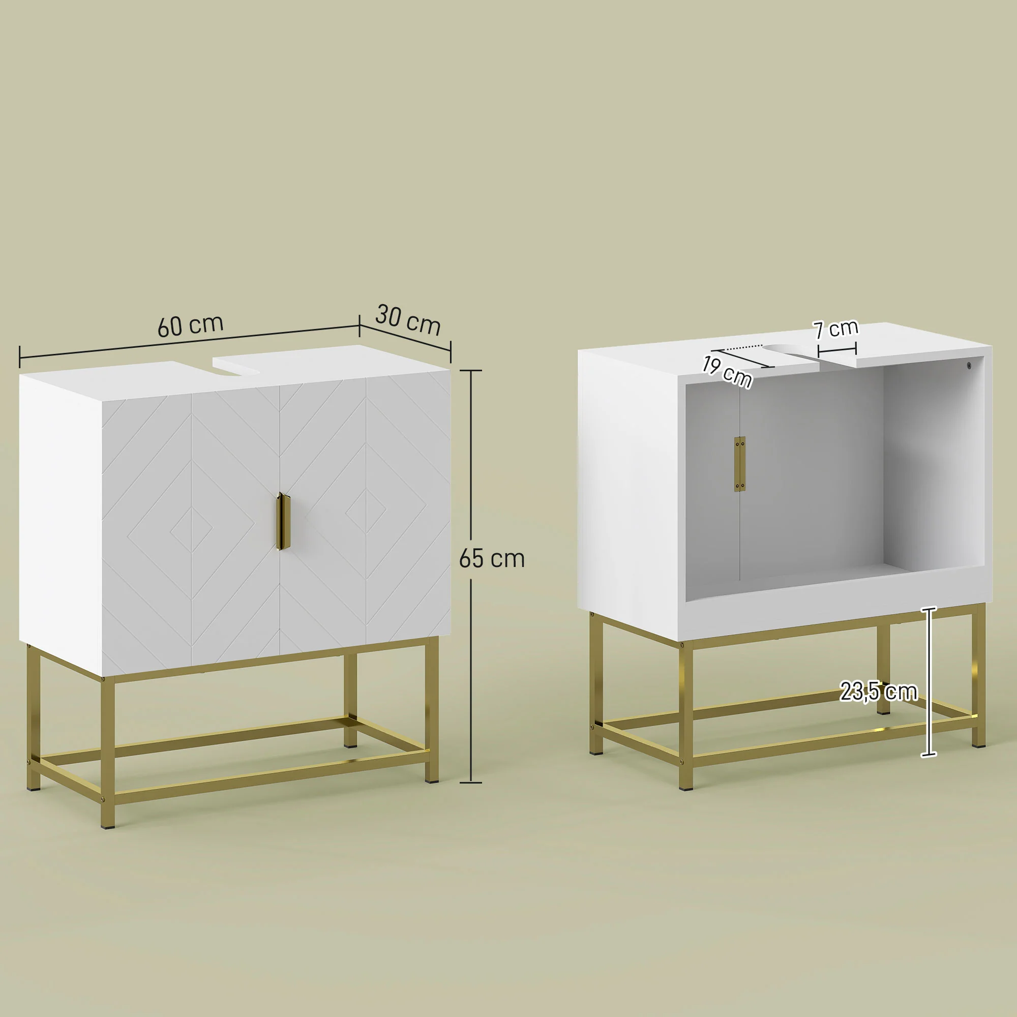 Meuble Salle de Bain sous lavabo - Meuble sous-Vasque pour salle de bain - Placard 2 Portes avec étagères - dim. 60L x 30l x 65H cm blanc - Image 4