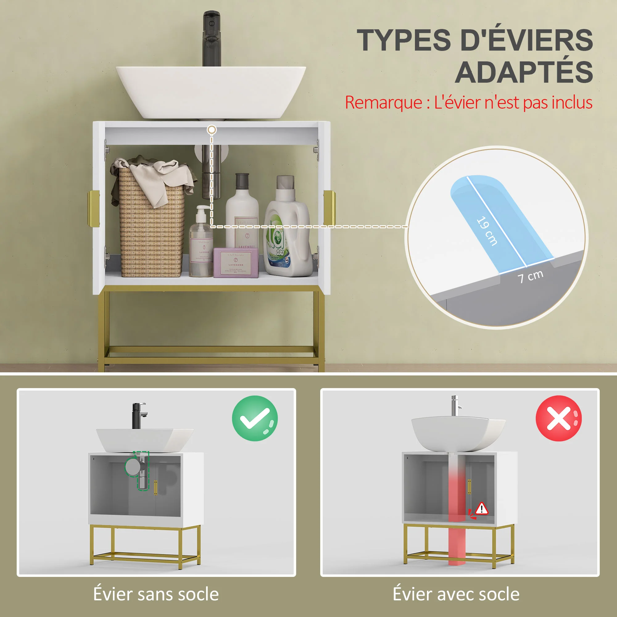 Meuble Salle de Bain sous lavabo - Meuble sous-Vasque pour salle de bain - Placard 2 Portes avec étagères - dim. 60L x 30l x 65H cm blanc - Image 5