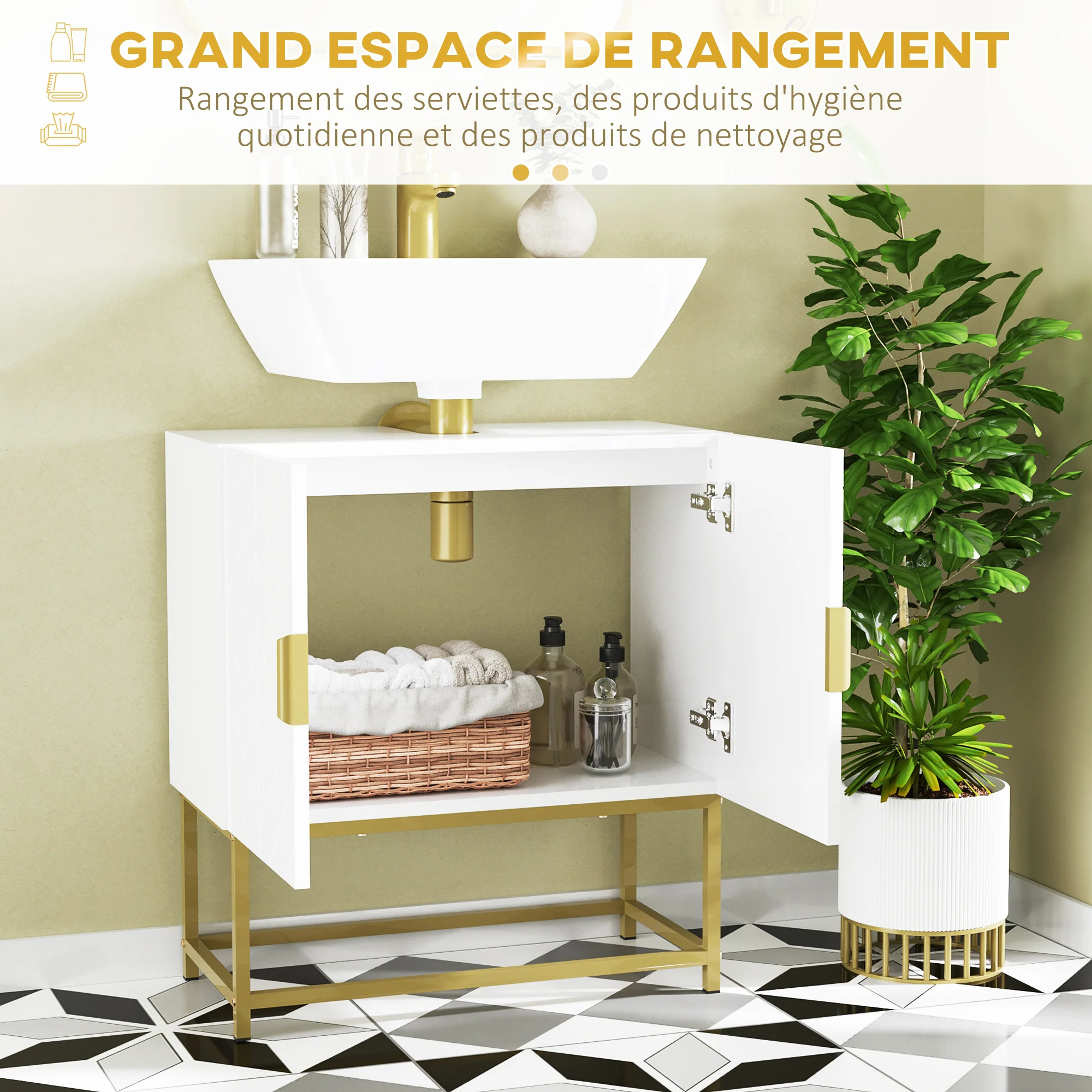 Meuble Salle de Bain sous lavabo - Meuble sous-Vasque pour salle de bain - Placard 2 Portes avec étagères - dim. 60L x 30l x 65H cm blanc - Image 7