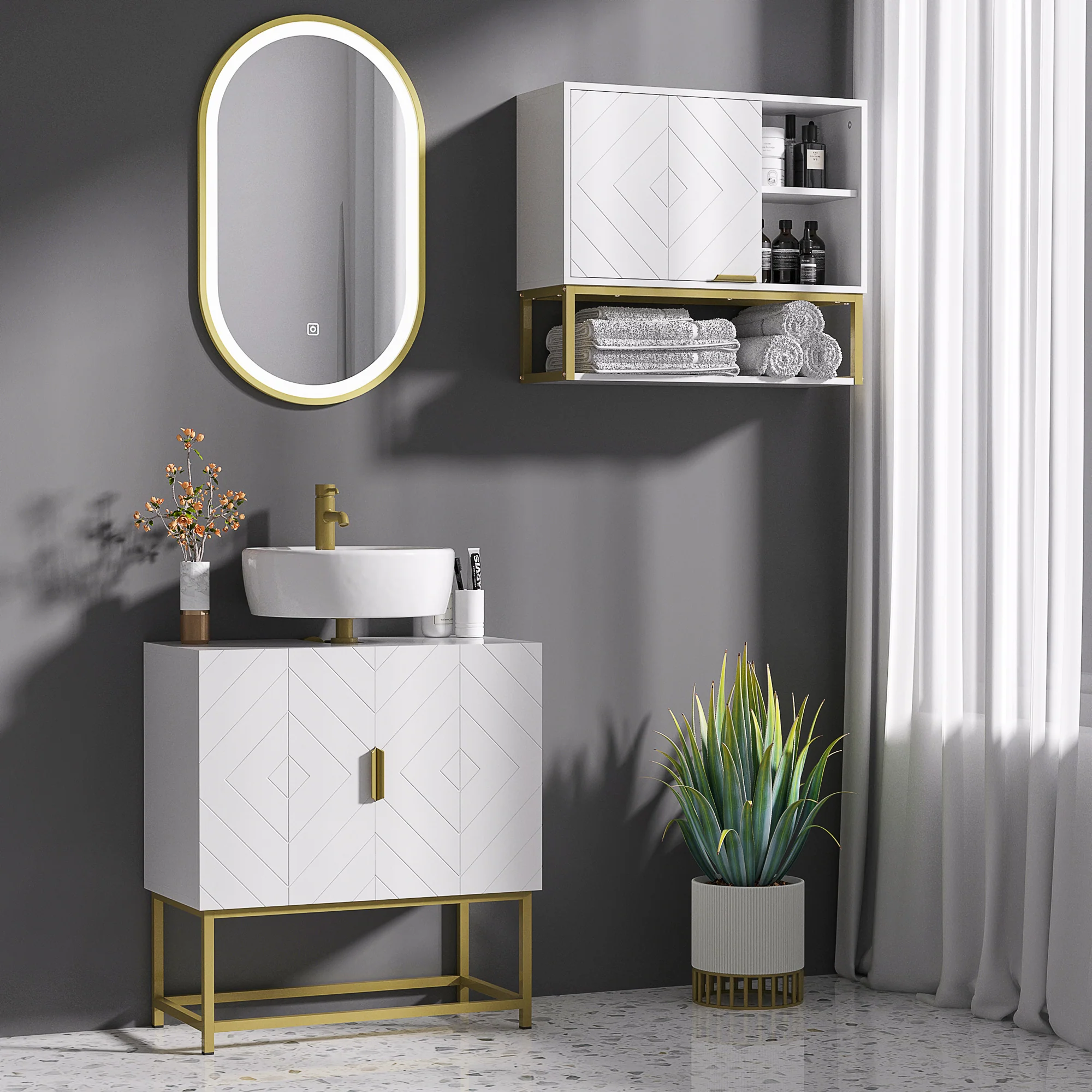 Meuble Salle de Bain sous lavabo - Meuble sous-Vasque pour salle de bain - Placard 2 Portes avec étagères - dim. 60L x 30l x 65H cm blanc - Image 8