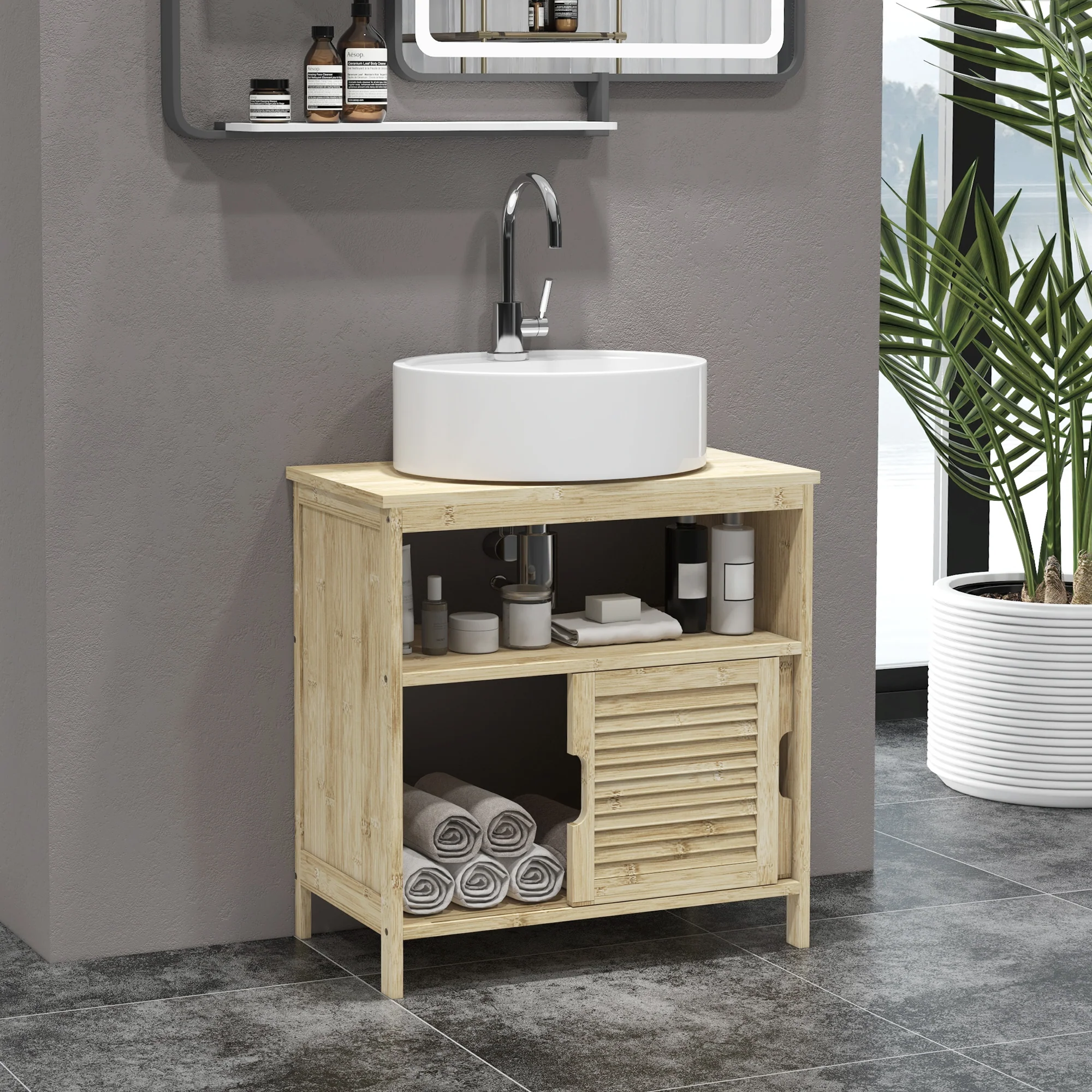 Meuble sous lavabo en Bambou, Meuble de Rangement pour Salle de Bain avec 2 Portes coulissantes, 60 x 30 x 60 cm, Bois Naturel - Image 3