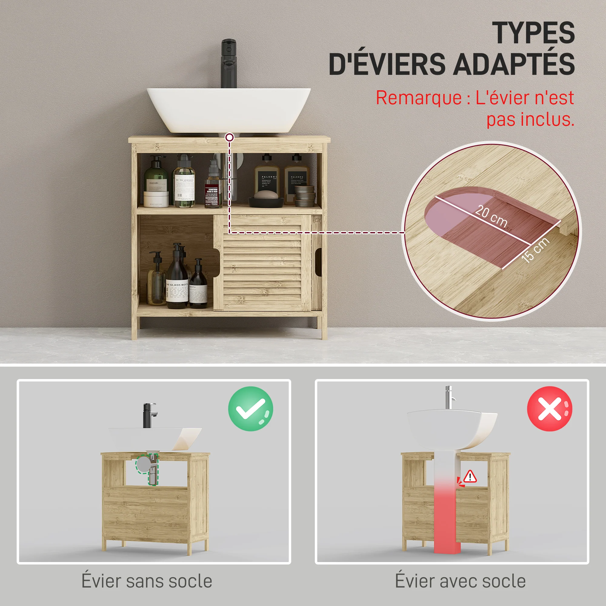 Meuble sous lavabo en Bambou, Meuble de Rangement pour Salle de Bain avec 2 Portes coulissantes, 60 x 30 x 60 cm, Bois Naturel - Image 5