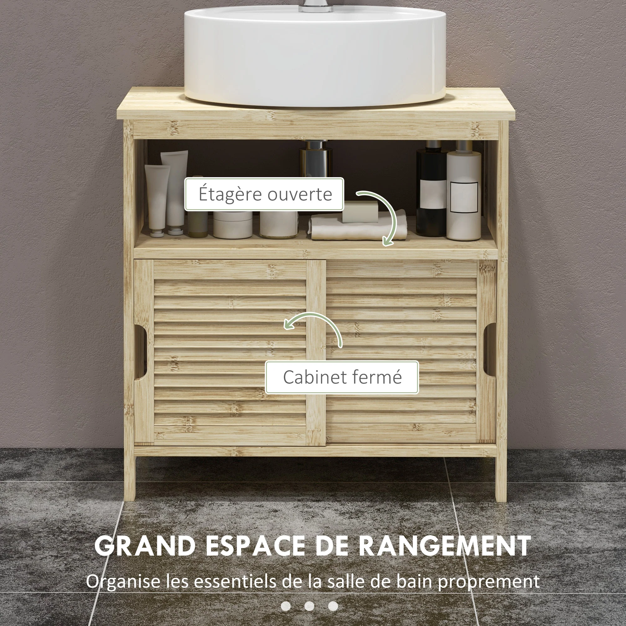 Meuble sous lavabo en Bambou, Meuble de Rangement pour Salle de Bain avec 2 Portes coulissantes, 60 x 30 x 60 cm, Bois Naturel - Image 6
