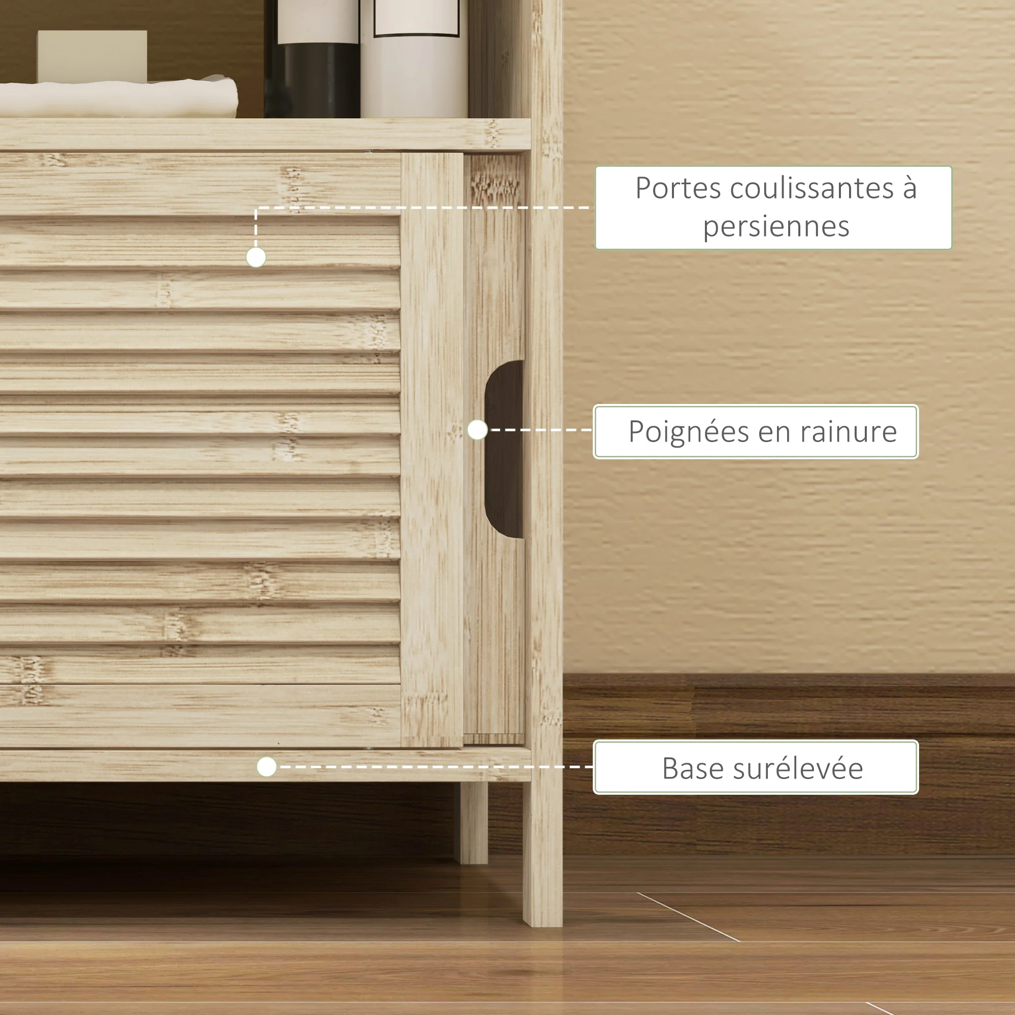 Meuble sous lavabo en Bambou, Meuble de Rangement pour Salle de Bain avec 2 Portes coulissantes, 60 x 30 x 60 cm, Bois Naturel - Image 7