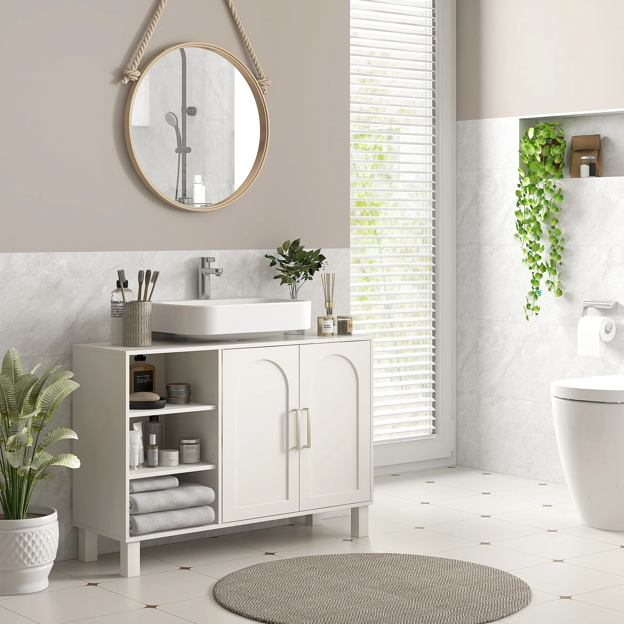 Meuble sous lavabo, meuble de salle de bain, avec placard à deux niveaux, 2 portes, étagères réglables, sur pieds, en bois, 90 x 30 x 63 cm, crème - Image 3