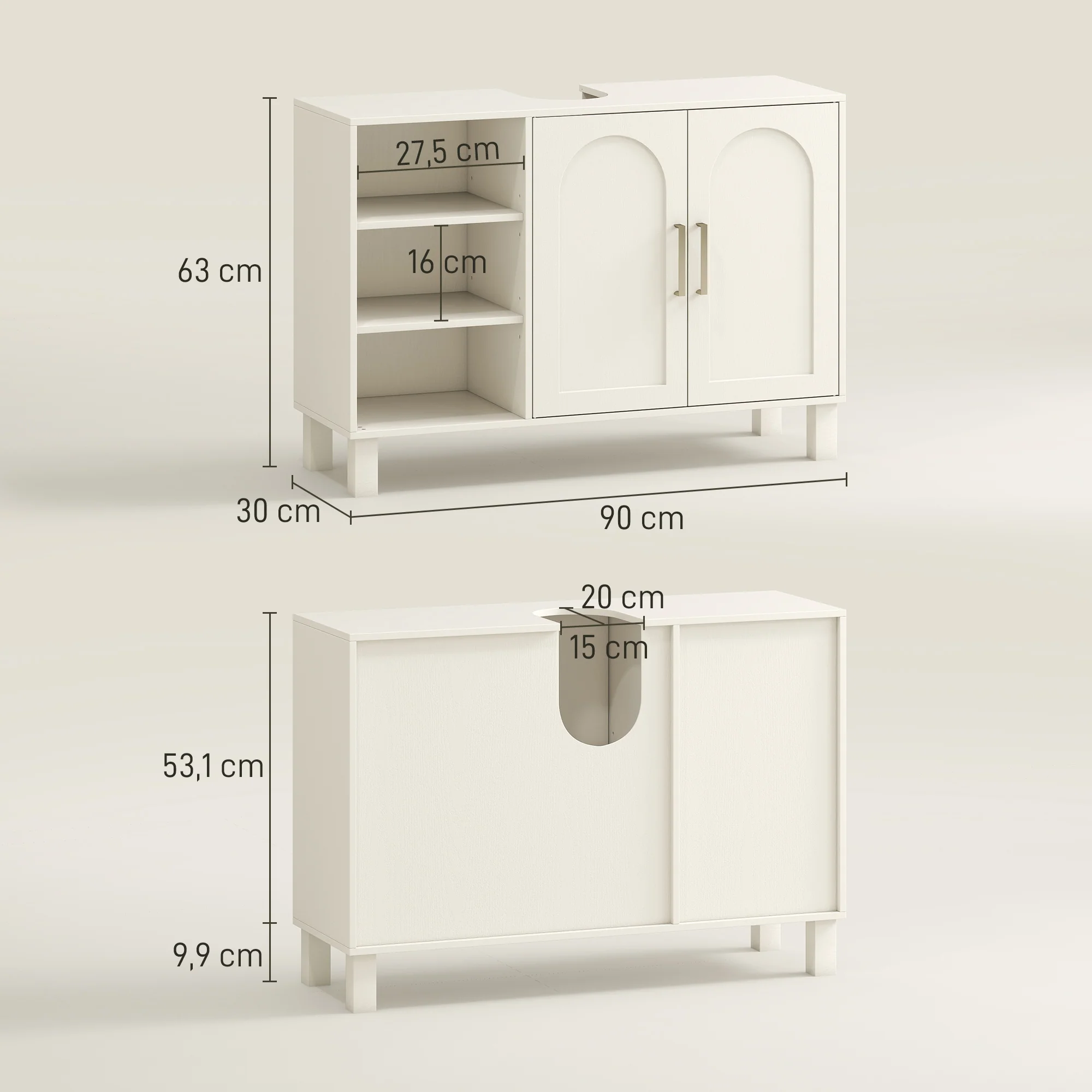 Meuble sous lavabo, meuble de salle de bain, avec placard à deux niveaux, 2 portes, étagères réglables, sur pieds, en bois, 90 x 30 x 63 cm, crème - Image 4