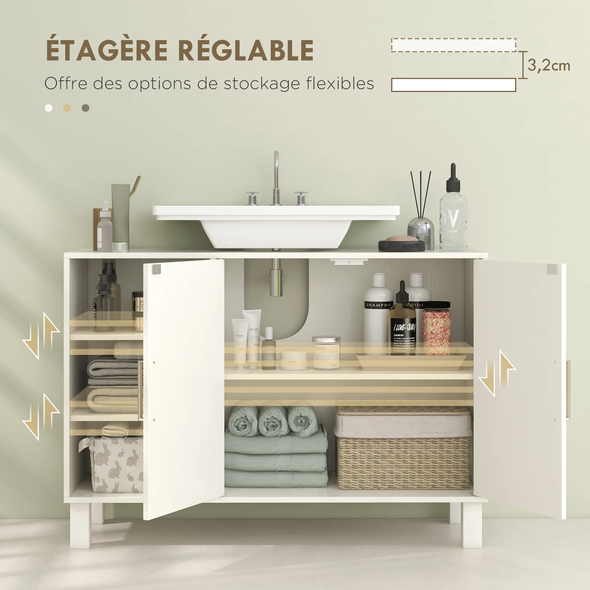 Meuble sous lavabo, meuble de salle de bain, avec placard à deux niveaux, 2 portes, étagères réglables, sur pieds, en bois, 90 x 30 x 63 cm, crème - Image 6