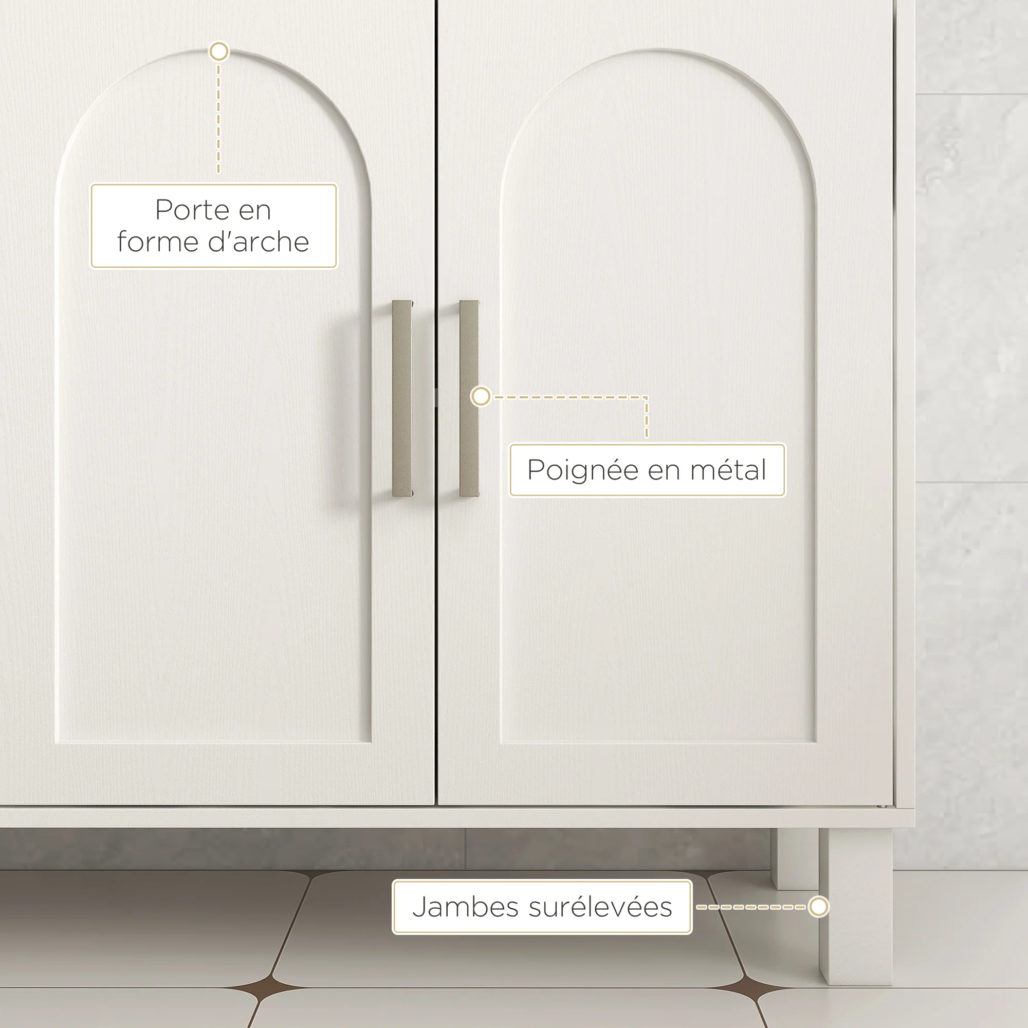 Meuble sous lavabo, meuble de salle de bain, avec placard à deux niveaux, 2 portes, étagères réglables, sur pieds, en bois, 90 x 30 x 63 cm, crème - Image 7
