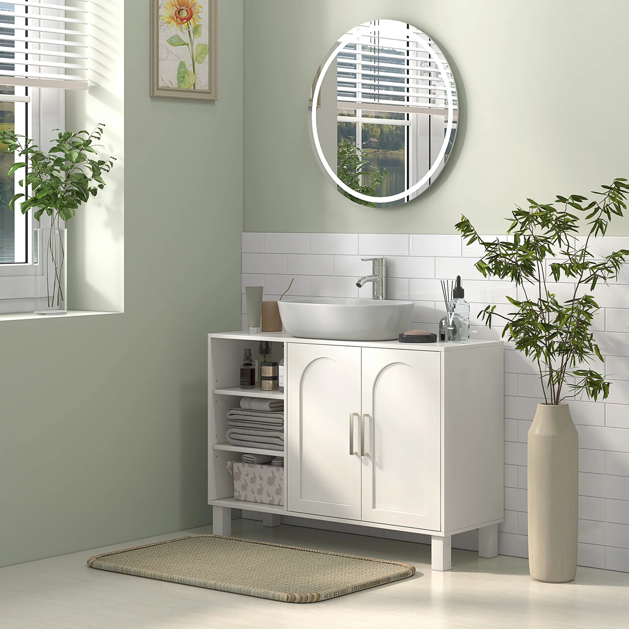 Meuble sous lavabo, meuble de salle de bain, avec placard à deux niveaux, 2 portes, étagères réglables, sur pieds, en bois, 90 x 30 x 63 cm, crème - Image 8