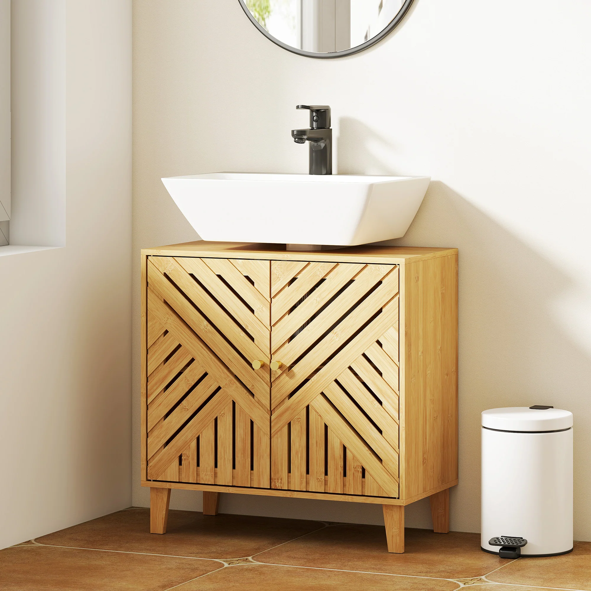 Meuble sous lavabo, meuble de salle de bain en bambou avec étagère réglable et portes à lattes, anti-humidité, 60 x 30 x 60 cm, naturel - Image 3