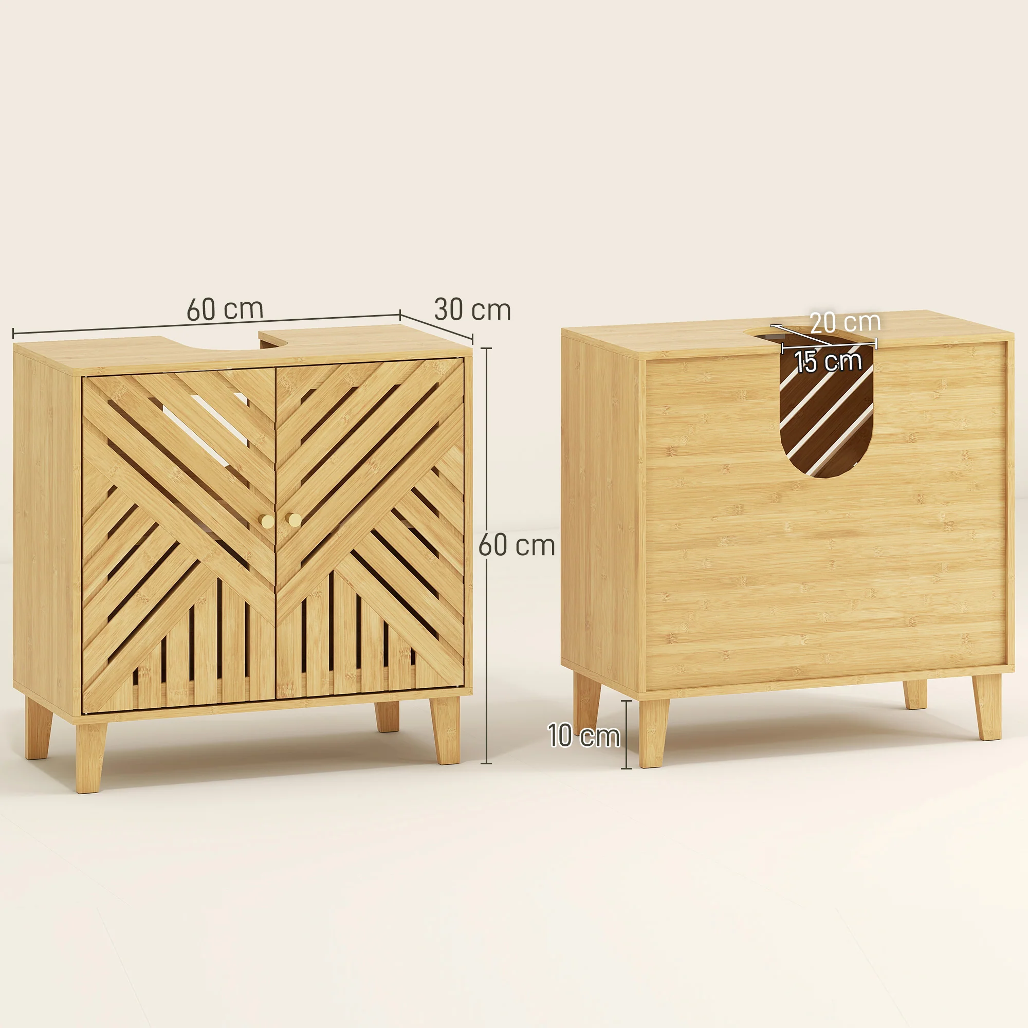 Meuble sous lavabo, meuble de salle de bain en bambou avec étagère réglable et portes à lattes, anti-humidité, 60 x 30 x 60 cm, naturel - Image 4