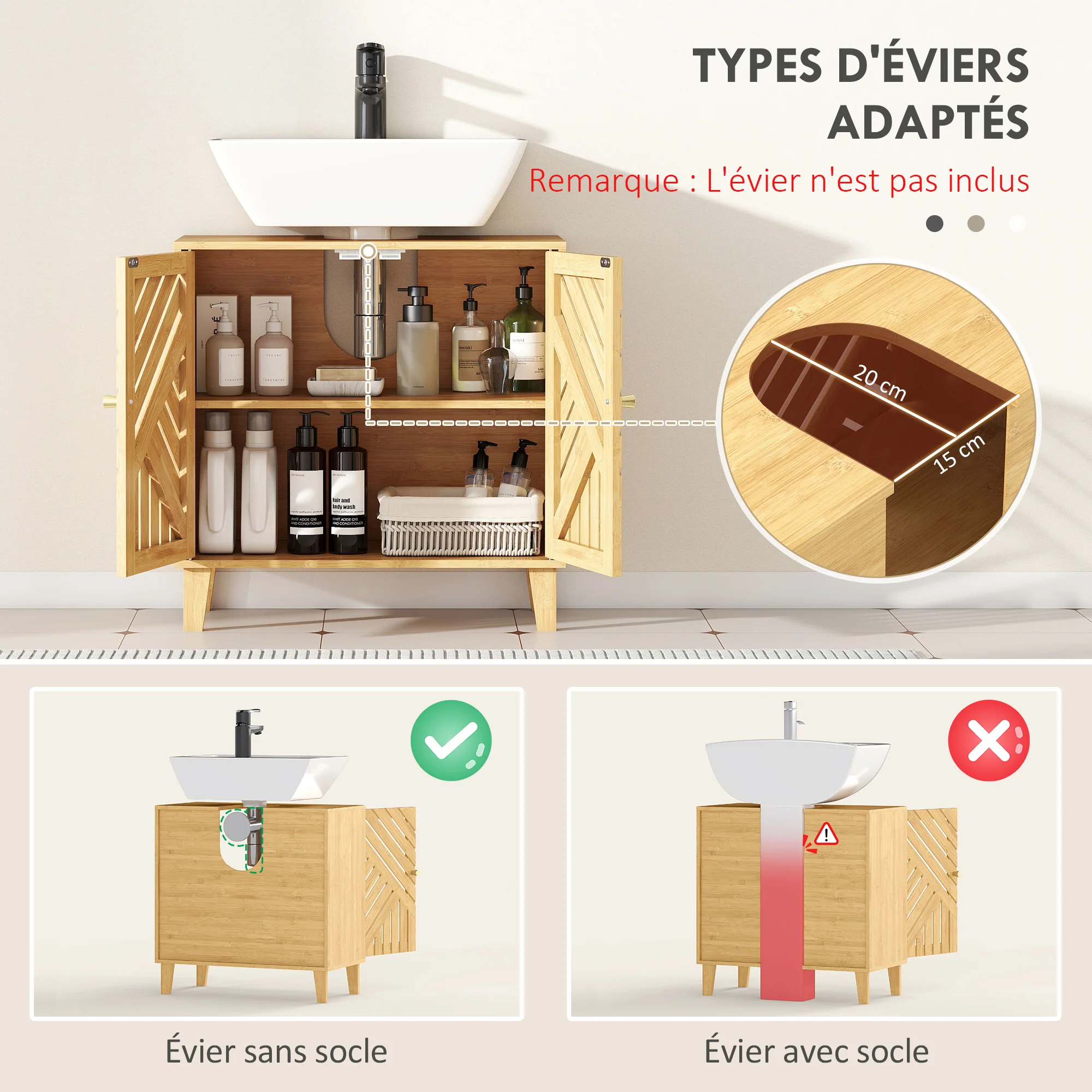 Meuble sous lavabo, meuble de salle de bain en bambou avec étagère réglable et portes à lattes, anti-humidité, 60 x 30 x 60 cm, naturel - Image 5
