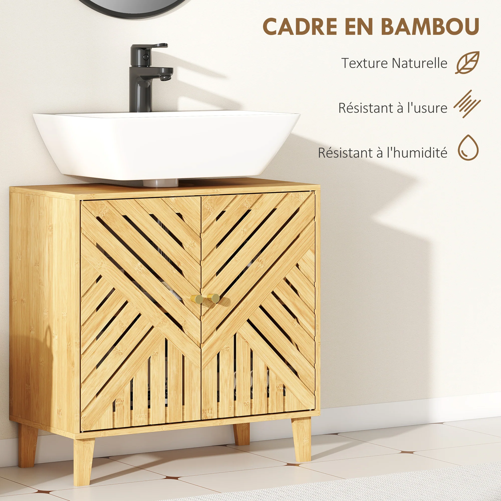Meuble sous lavabo, meuble de salle de bain en bambou avec étagère réglable et portes à lattes, anti-humidité, 60 x 30 x 60 cm, naturel - Image 6
