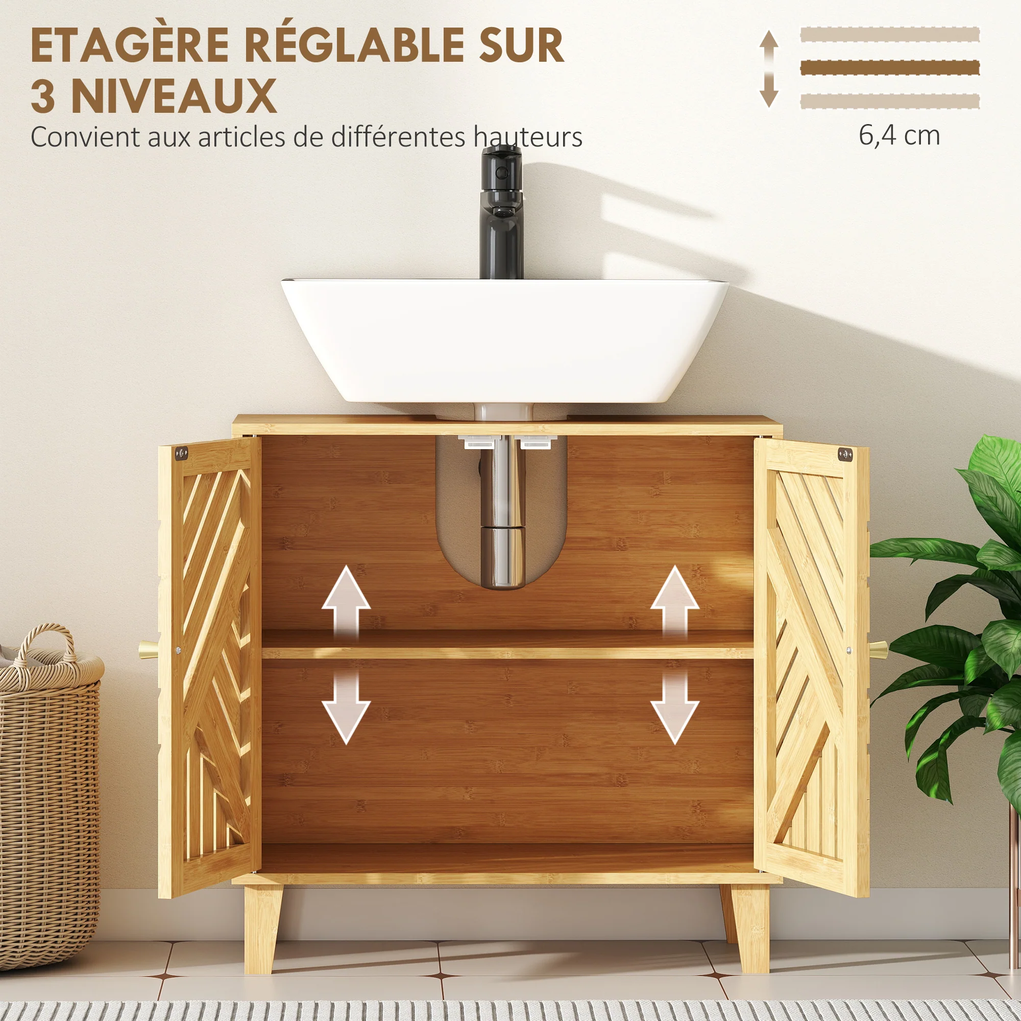 Meuble sous lavabo, meuble de salle de bain en bambou avec étagère réglable et portes à lattes, anti-humidité, 60 x 30 x 60 cm, naturel - Image 7
