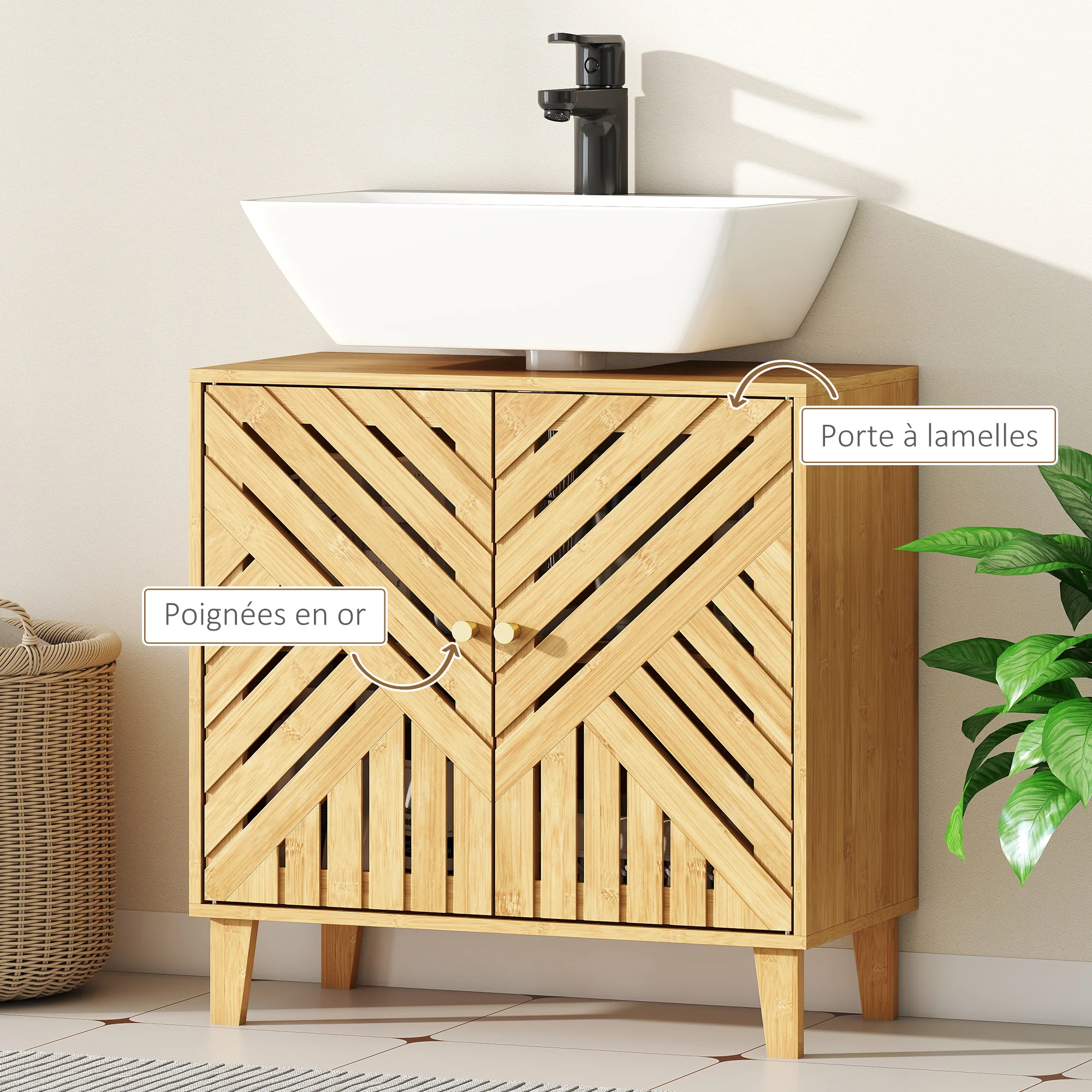 Meuble sous lavabo, meuble de salle de bain en bambou avec étagère réglable et portes à lattes, anti-humidité, 60 x 30 x 60 cm, naturel - Image 8