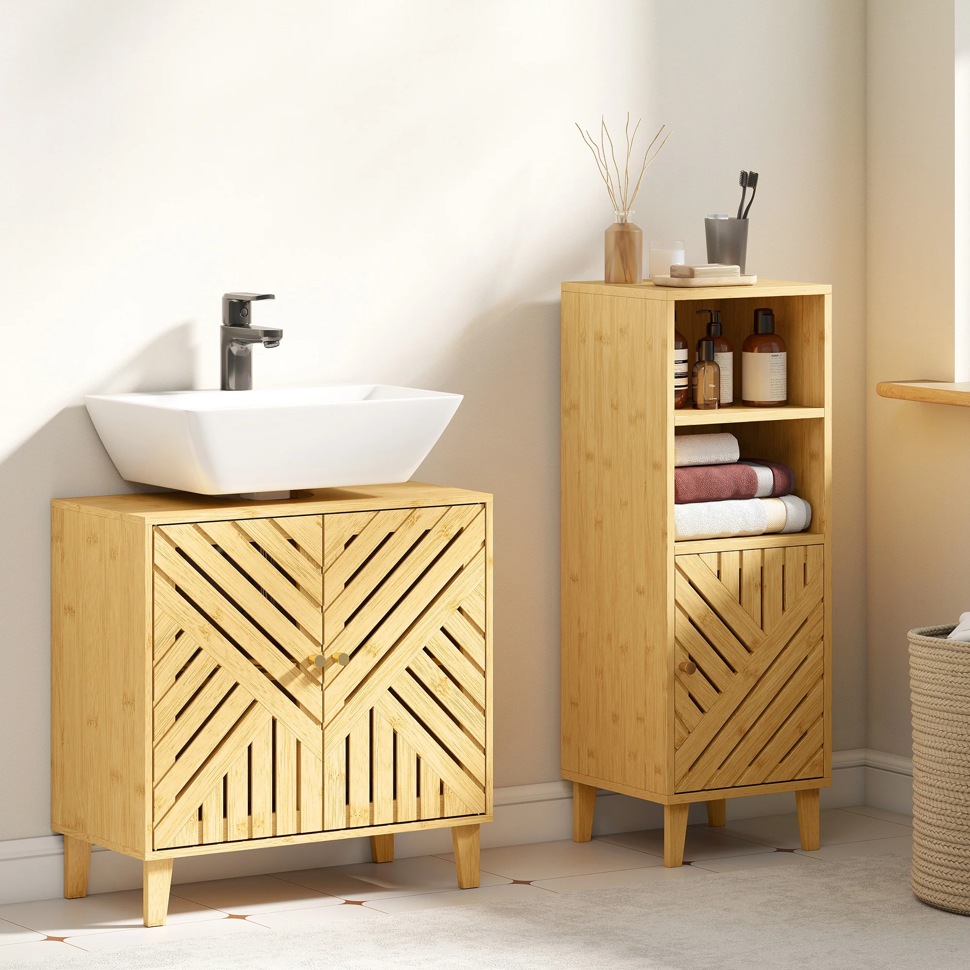 Meuble sous lavabo, meuble de salle de bain en bambou avec étagère réglable et portes à lattes, anti-humidité, 60 x 30 x 60 cm, naturel - Image 9