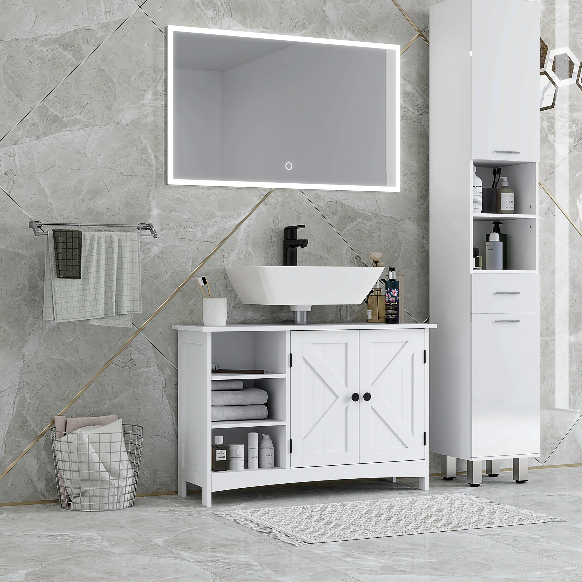 Meuble sous lavabo, meuble de salle de bain, étagères réglables, placard 2 portes, meuble sous évier, style classique, 90 x 30 x 60 cm, blanc - Image 3