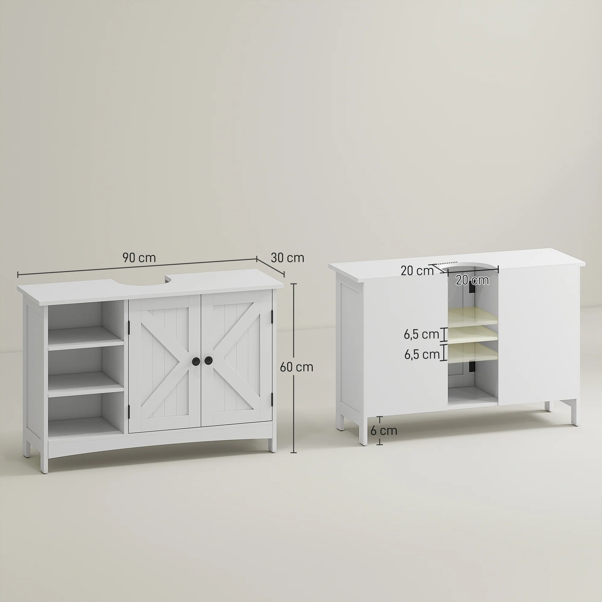 Meuble sous lavabo, meuble de salle de bain, étagères réglables, placard 2 portes, meuble sous évier, style classique, 90 x 30 x 60 cm, blanc - Image 4