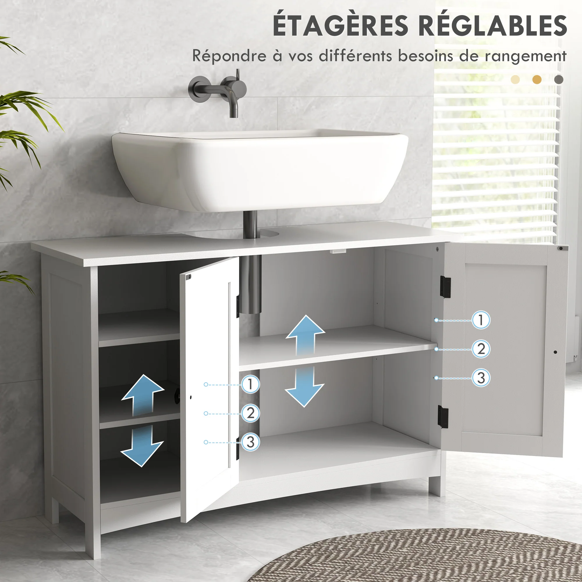 Meuble sous lavabo, meuble de salle de bain, étagères réglables, placard 2 portes, meuble sous évier, style classique, 90 x 30 x 60 cm, blanc - Image 6
