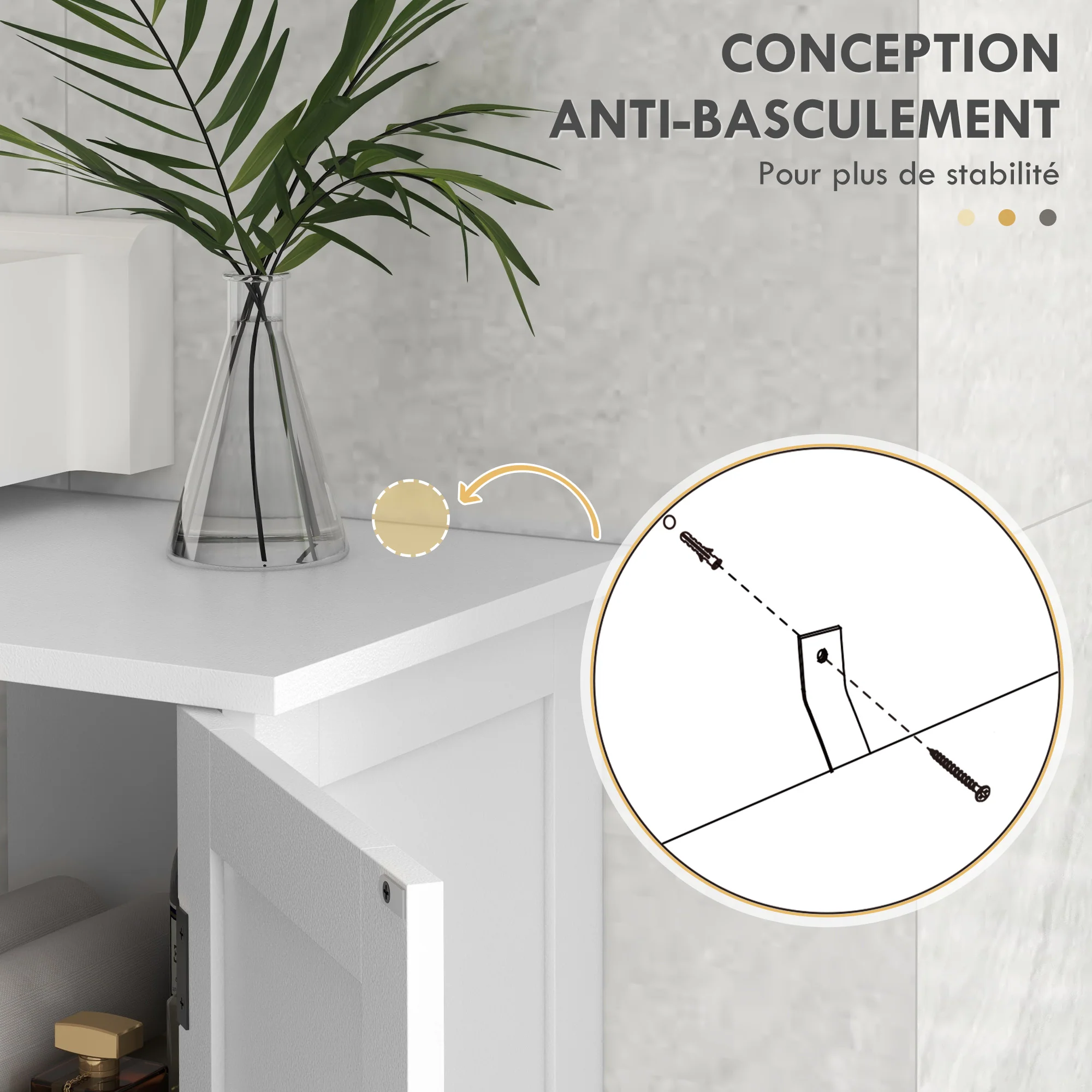 Meuble sous lavabo, meuble de salle de bain, étagères réglables, placard 2 portes, meuble sous évier, style classique, 90 x 30 x 60 cm, blanc - Image 7