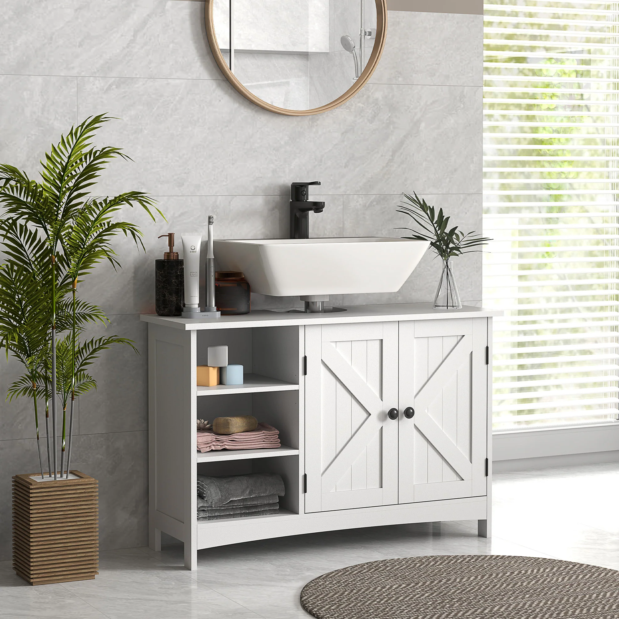 Meuble sous lavabo, meuble de salle de bain, étagères réglables, placard 2 portes, meuble sous évier, style classique, 90 x 30 x 60 cm, blanc - Image 8